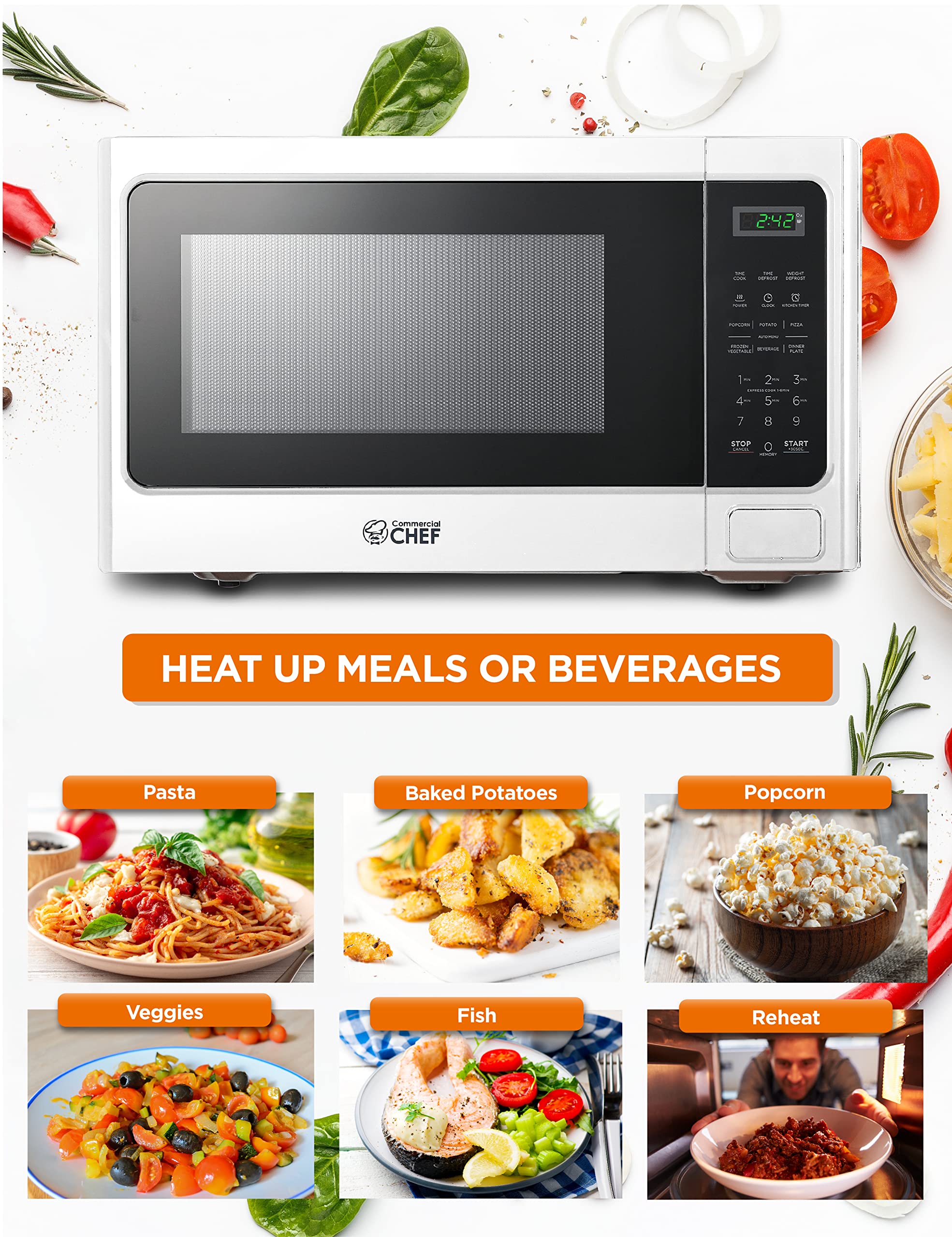 Commercial Chef Small Microwave 1.3 Cu. Ft. Countertop Microwave With Digital Display, White Microwave & 10 Power Levels, Outsta