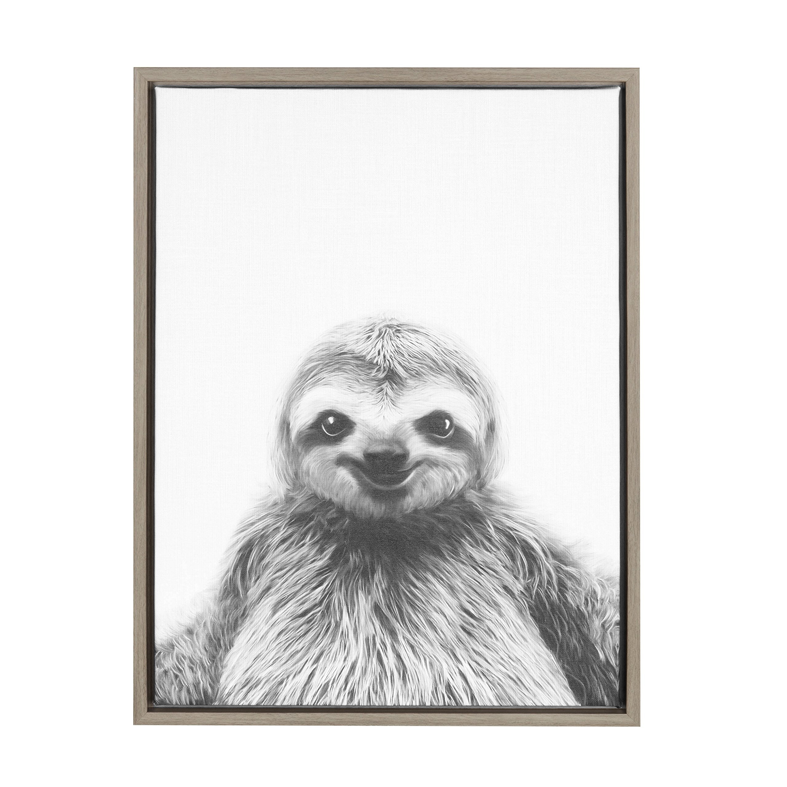 Kate And Laurel Sylvie Sloth Black And White Portrait Framed Canvas Wall Art By Simon Te Tai, 18X24 Gray