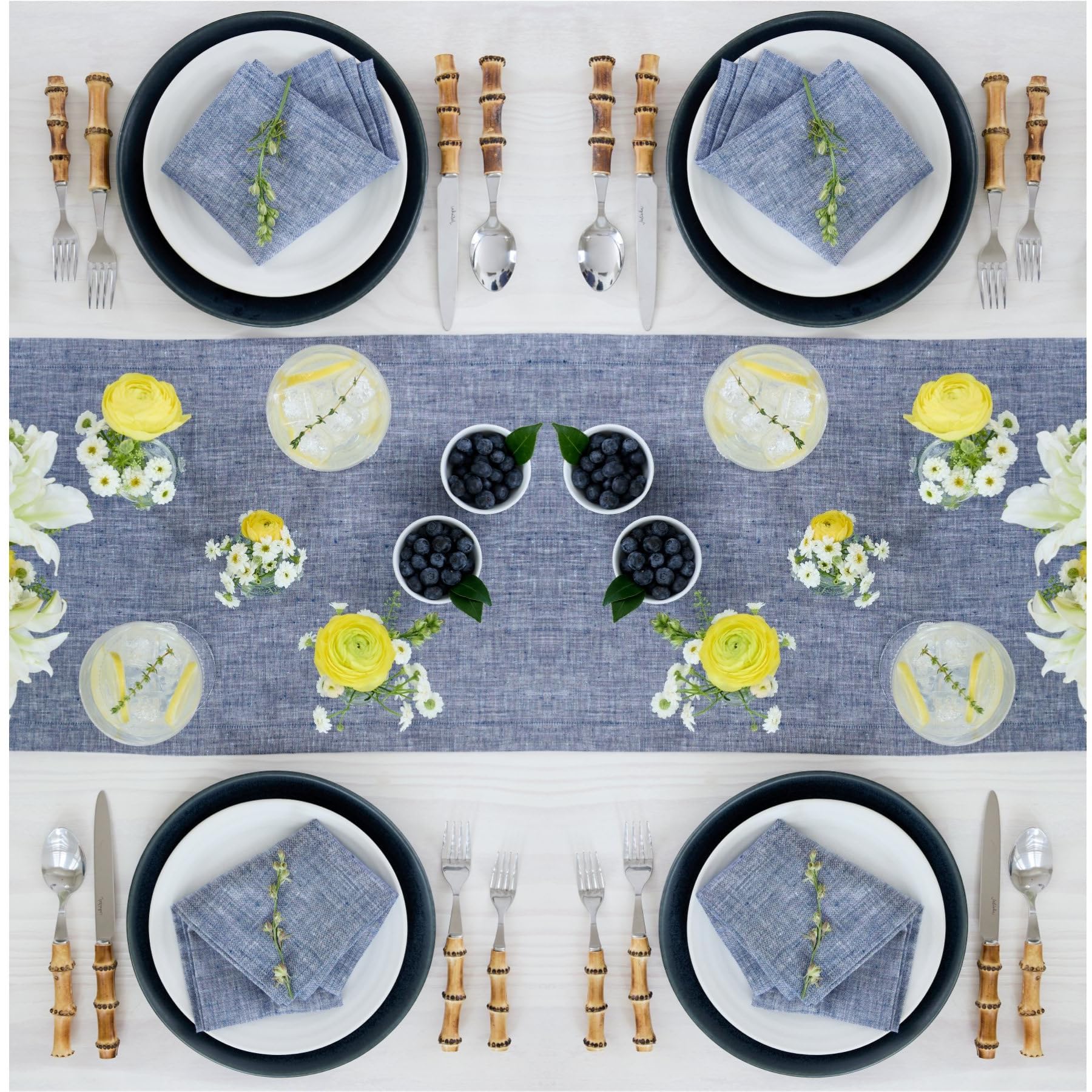Solino Home Linen Table Runner 60 Inches Long - 100% Pure Linen Chambray Indigo Table Runner 14 X 60 Inch - Machine Washable Din