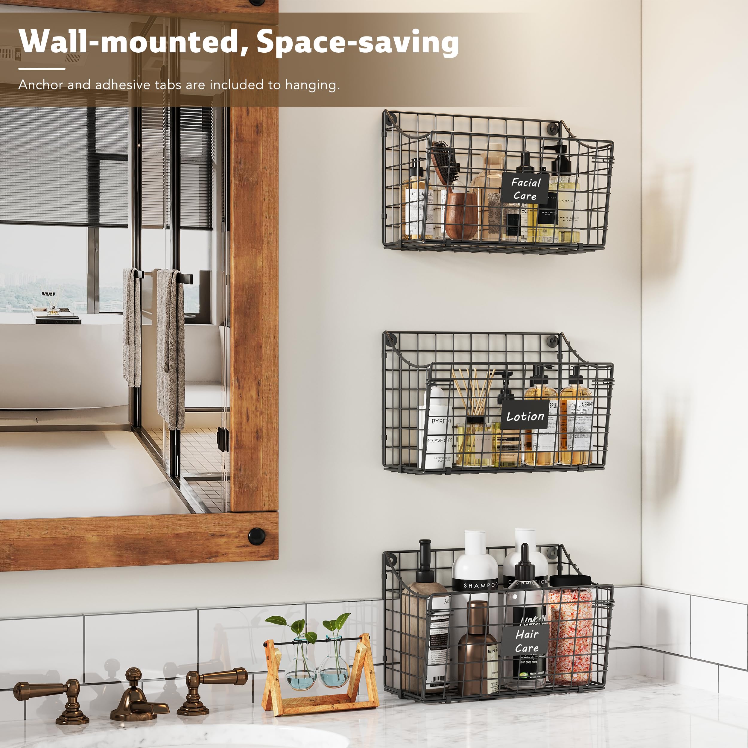 Wall Mounted Bin Basket With 5 Hooks 3 Label Plate Adhesive-3 Pack, Cabinet Hanging Metal Wire Basket,Rustic Farmhouse Decor, St