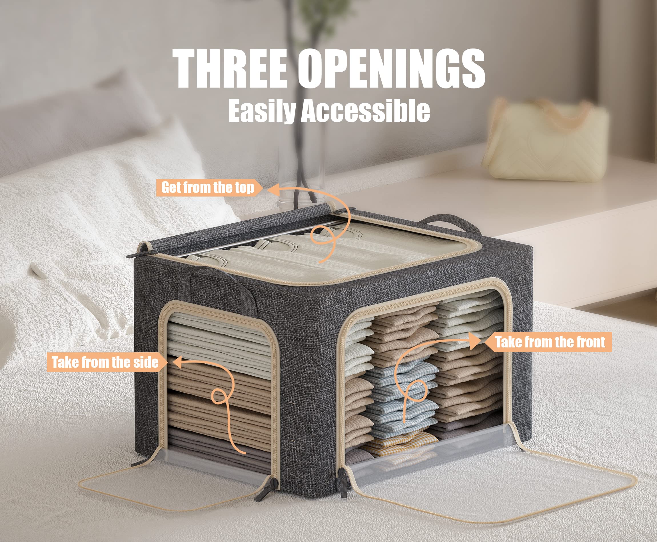 3 Openings Clothes Storage Bins with Metal Frame, Foldable Storage Bin for Clothes, Clothing Storage Bins with Lid, Linen Storag
