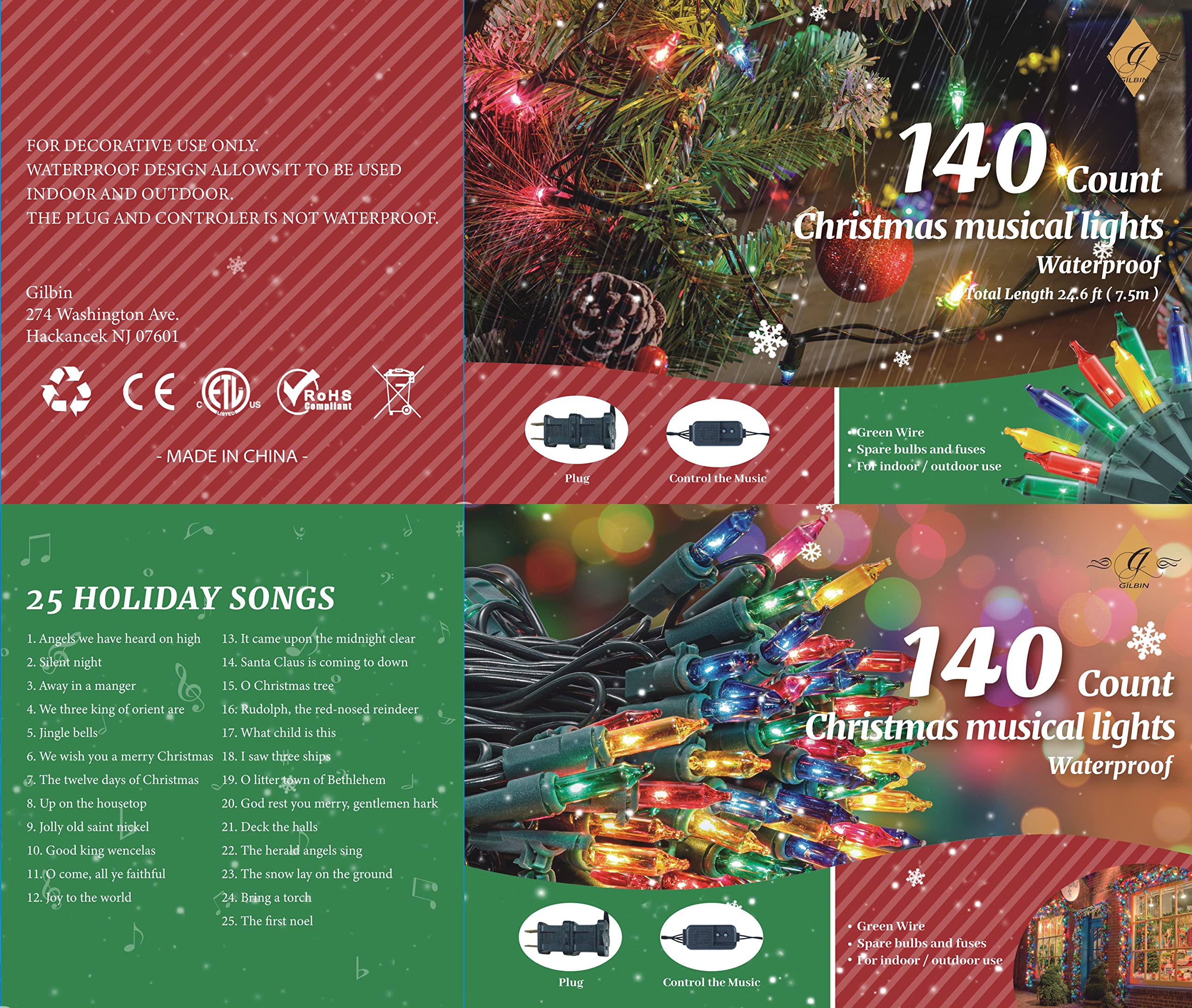GILBIN Waterproof Bulbs for Outdoor use Multi-Color Musical Christmas Lights - Plays 25 Classical Holiday Songs - 8 Function Cha