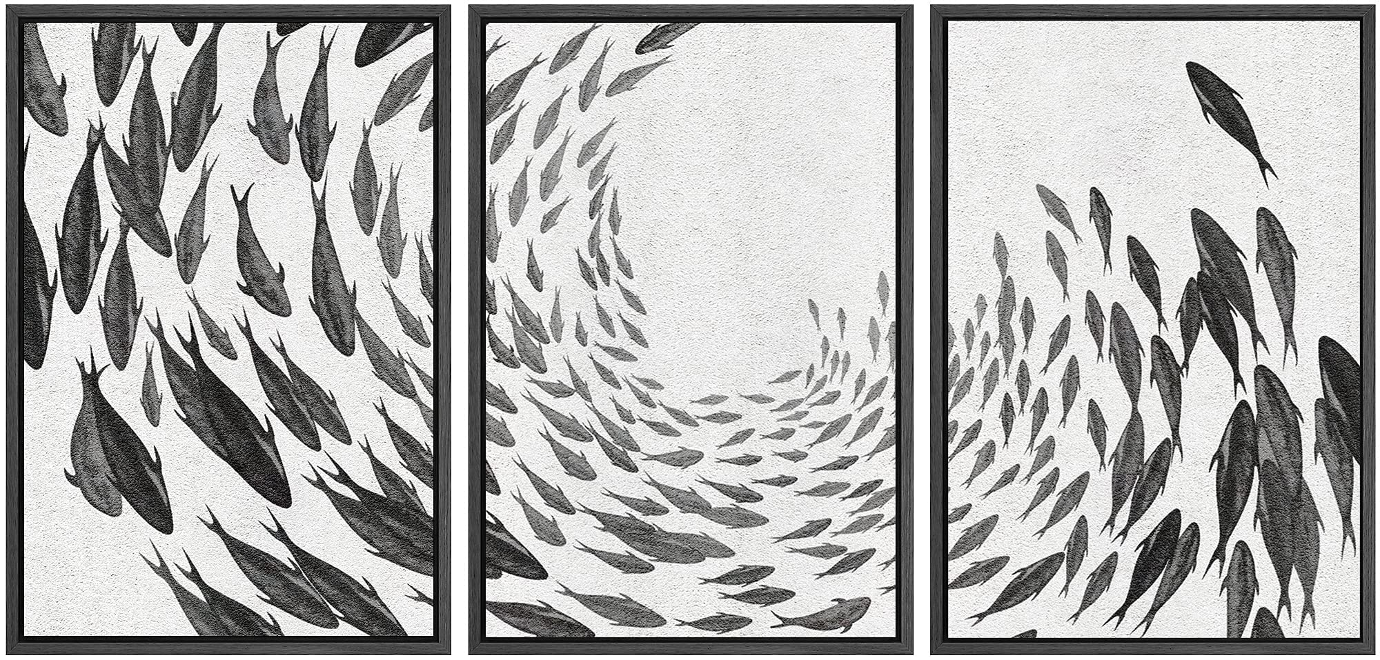 Signwin Framed Canvas Print Wall Art Swirling School Of Fish Abstract Shapes Illustrations Modern Art Minimalist Black And White