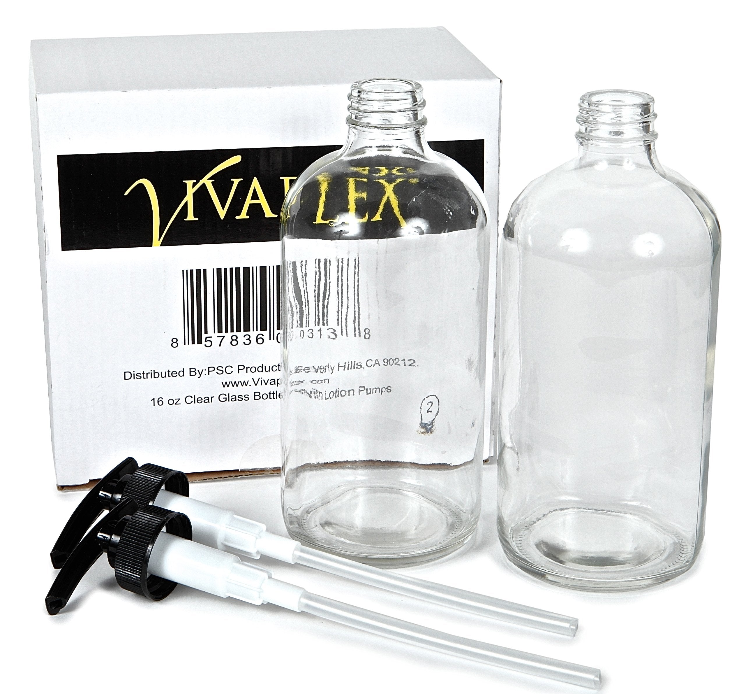 Vivaplex  2  Large  16 oz  Empty  Clear Glass Bottles with Black Lotion Pumps