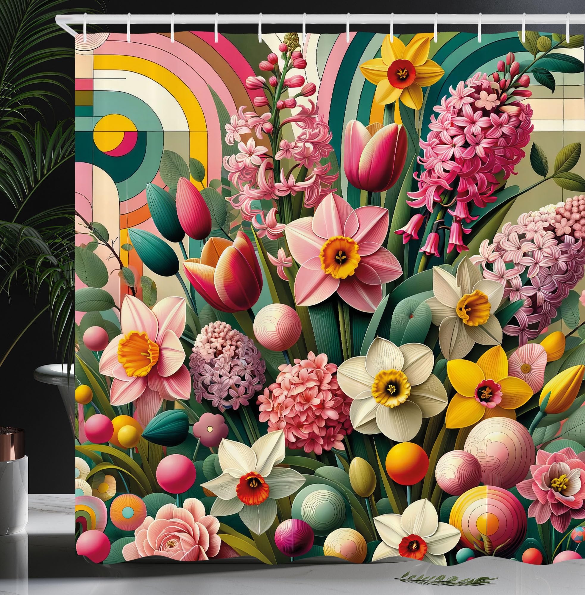 Ambesonne Spring Shower Curtain, Colorful Design Leafy Scenario Of Floral Garden With Funky Back Dreamy, Cloth Fabric Bathroom D