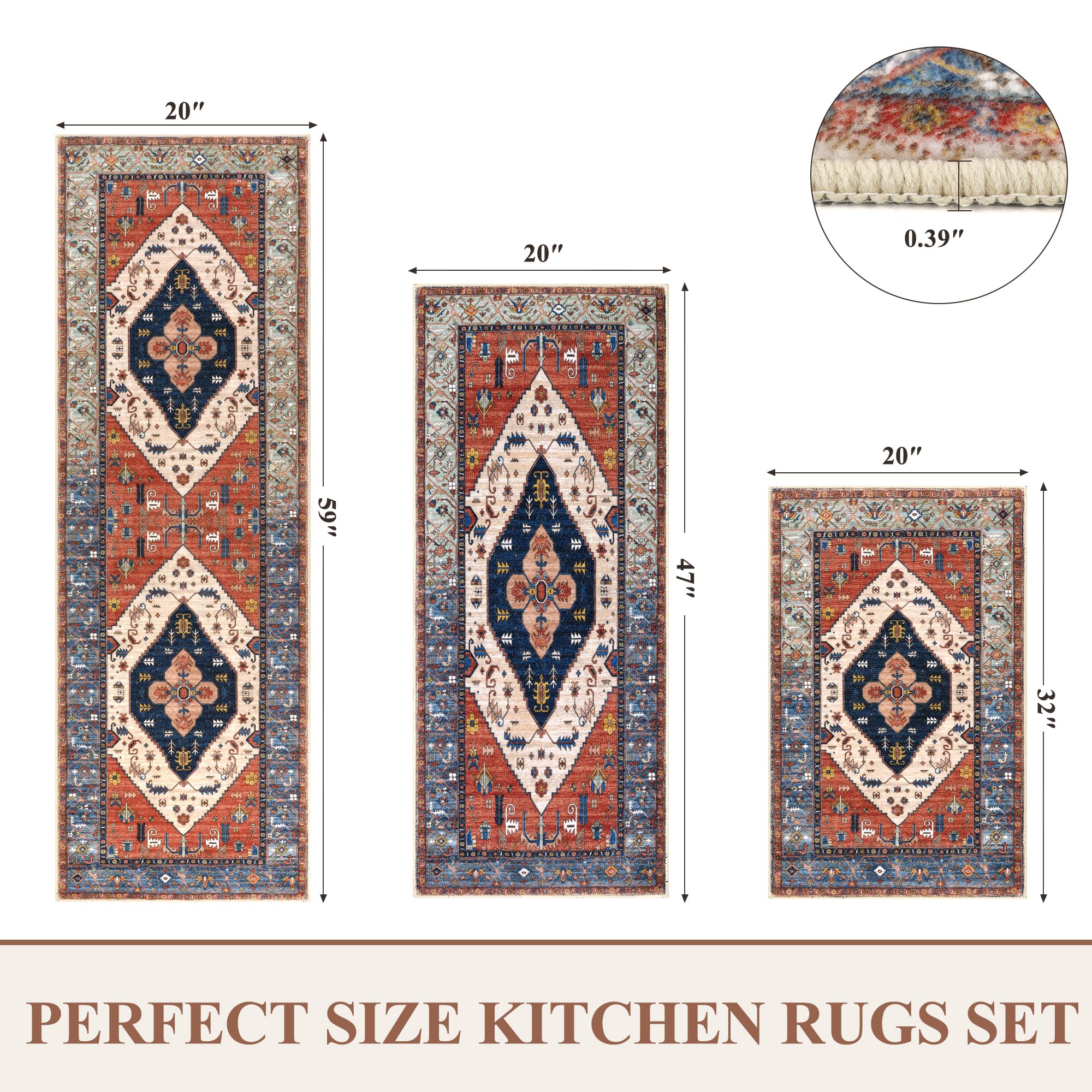 Pauwer Farmhouse Kitchen Rugs Sets Of 3, Kitchen Runner Rugs Non Slip Washable, Boho Kitchen Mats For Floor, Indoor Door Mat Ent