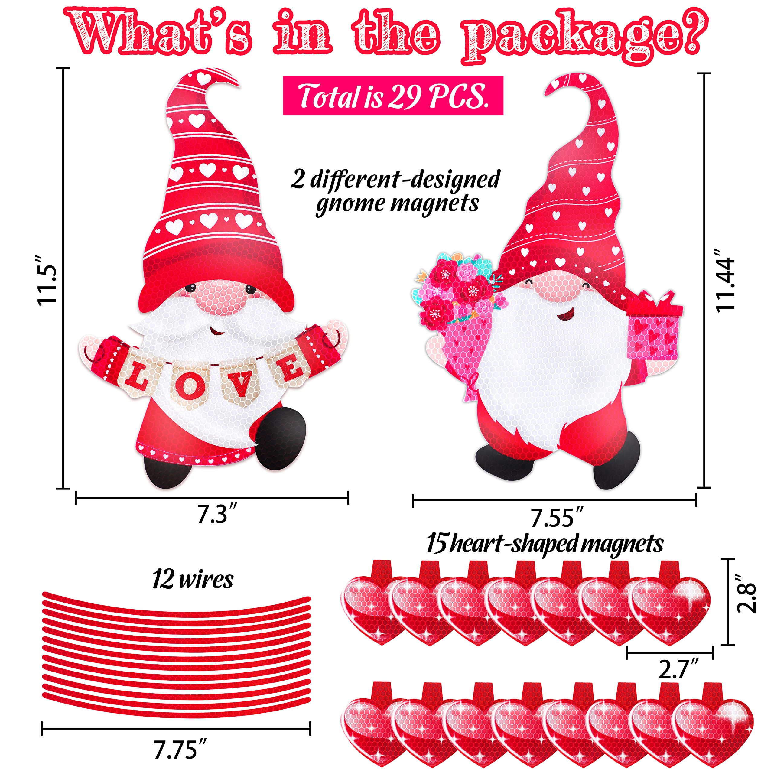 29PCS Valentines Day Car Refrigerator Decorations - Reflective Valentine Gnome Heart Magnets Decor Party Ornaments Accessories