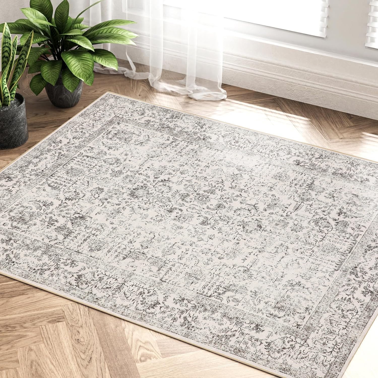 PureCozy Grey Area Rug 2x3 Entryway Rug Kitchen Vintage Living Room Carpet Indoor Bedroom Rug Washable Distressed Rug Gray Flora