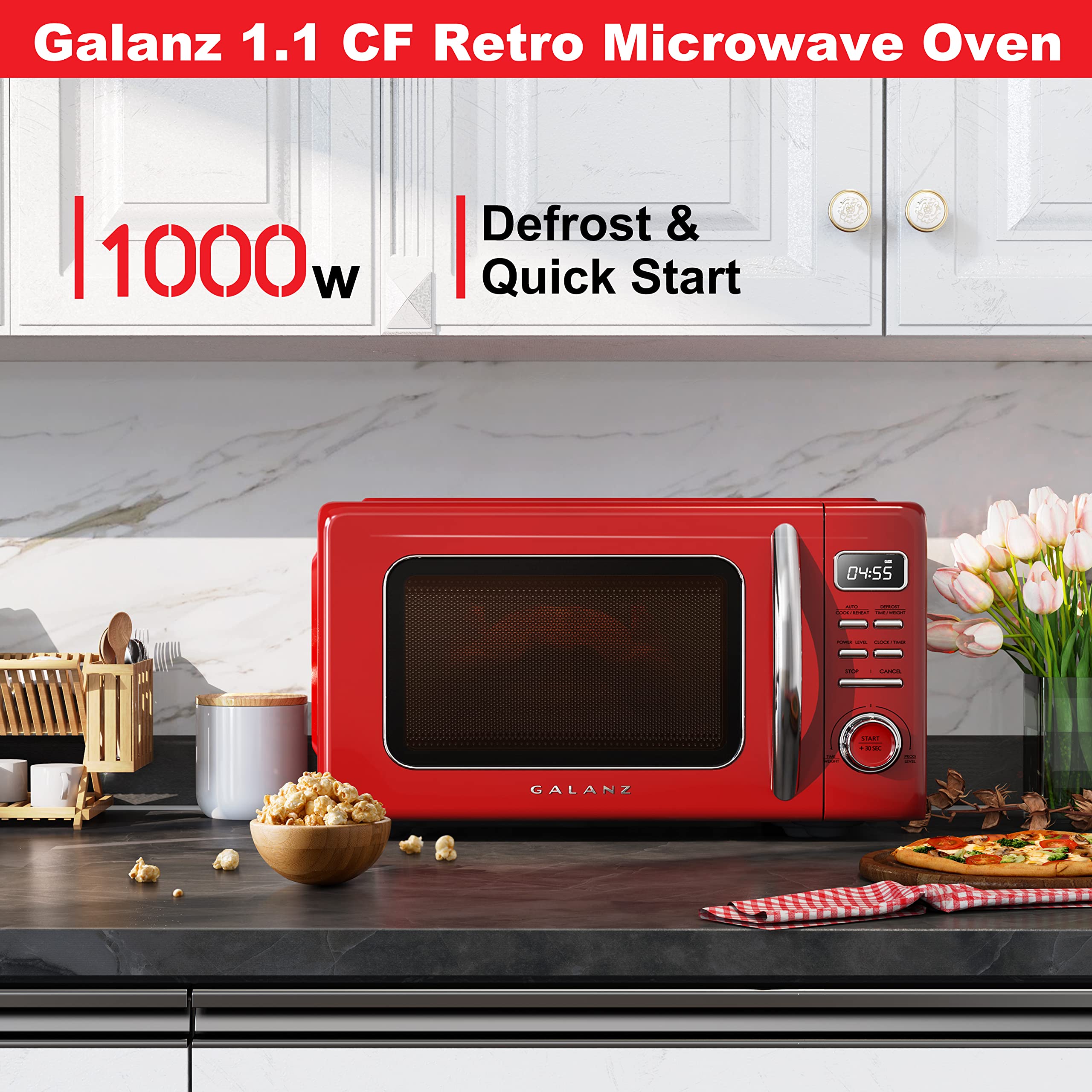 Galanz GLCMKZ11RDR10 Retro Countertop Microwave Oven with Auto Cook & Reheat, Defrost, Quick Start Functions, Easy Clean with Gl