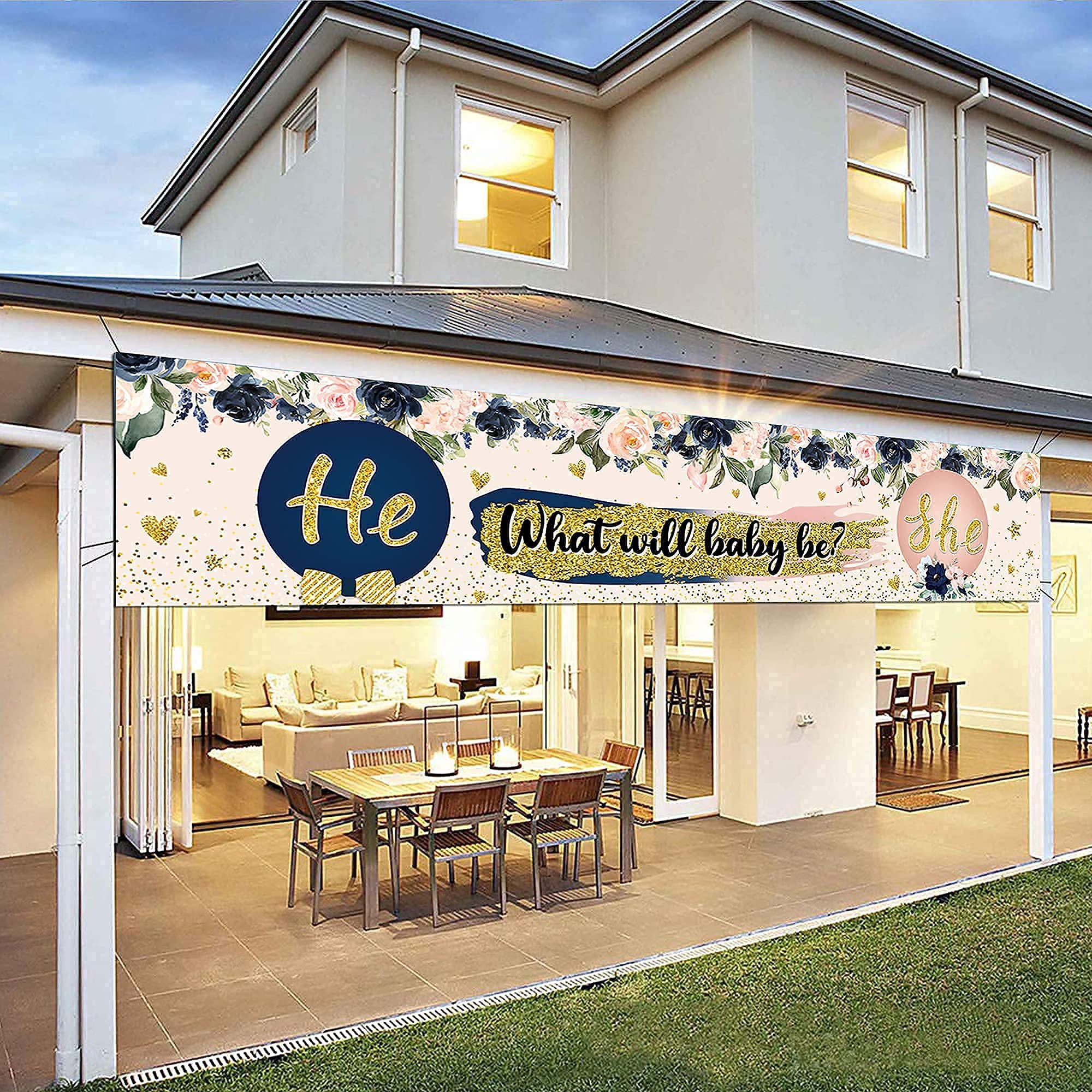 Gender Reveal Decorations, He Or She Gender Reveal Banner Large He Or She Baby Shower Yard Sign Photo Booth Props For Gender Rev