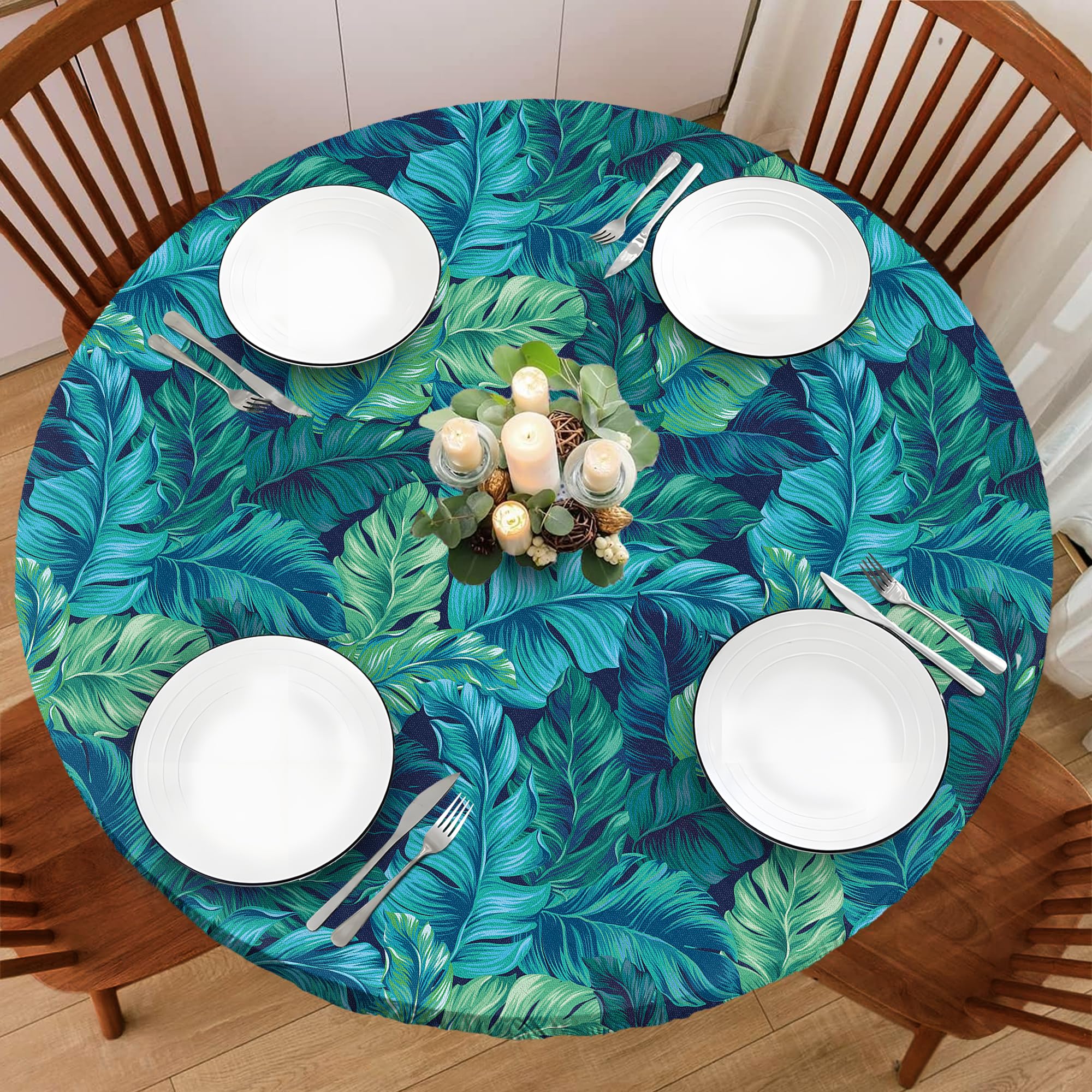 BOOWEATS Palm Leaves 60 Inch Round Fitted Cloth Tablecloth with Elastic Edged, Waterproof Oil Proof Wipeable Table Cover for Ind