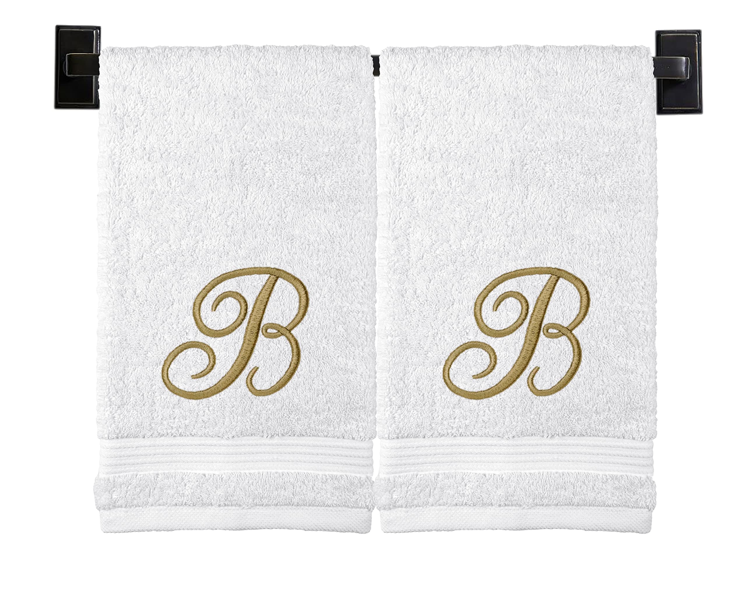 Custom Luxury Towels Monogrammed Hand Towels, Set Of 2, 100% Turkish Cotton, Choose Any Letter, White - Gold Thread