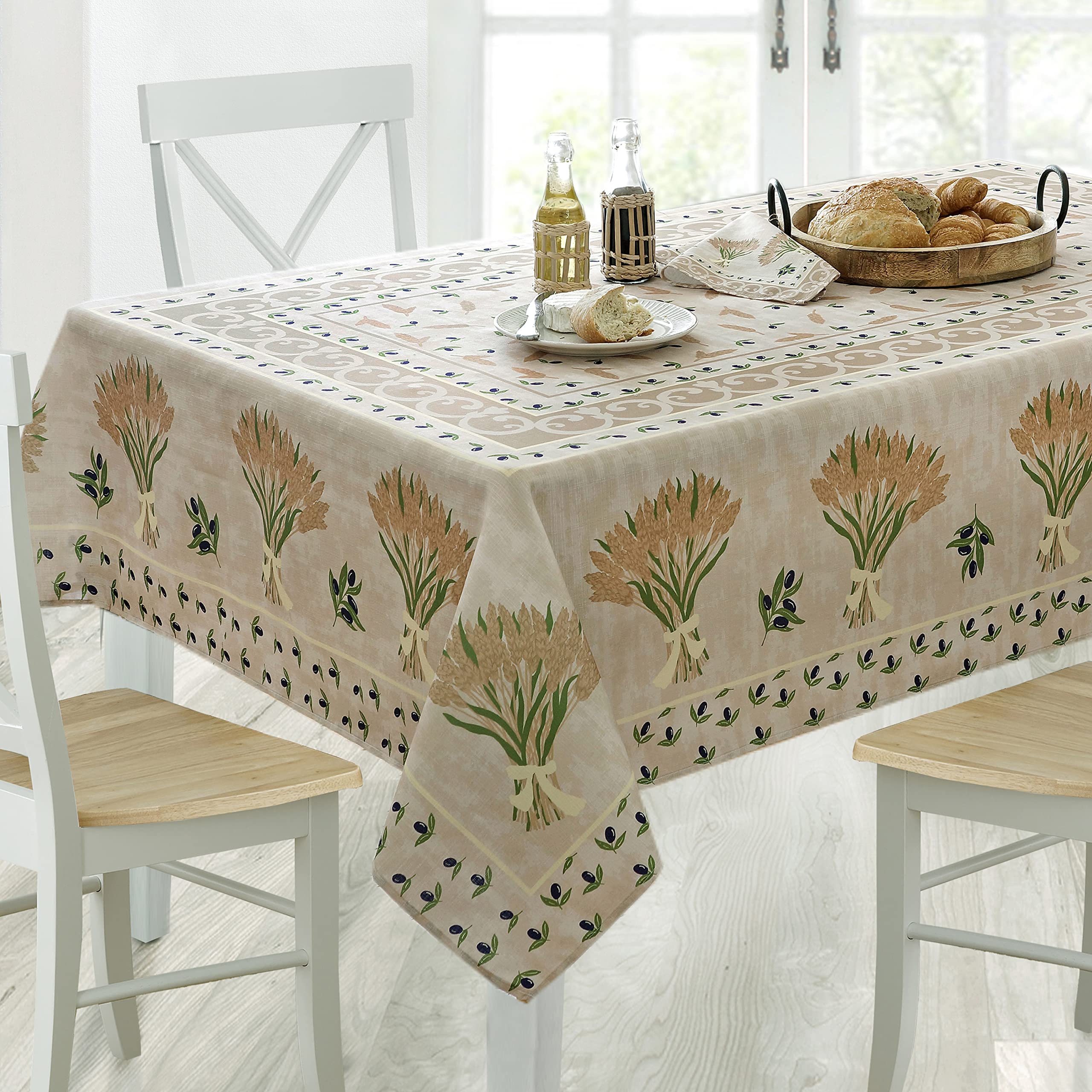 Home Bargains Plus Rectangle Fabric Tablecloth, 60 X 84 Inch, Wheat And Olives Print, Indoor Outdoor Stain And Water Resistant F