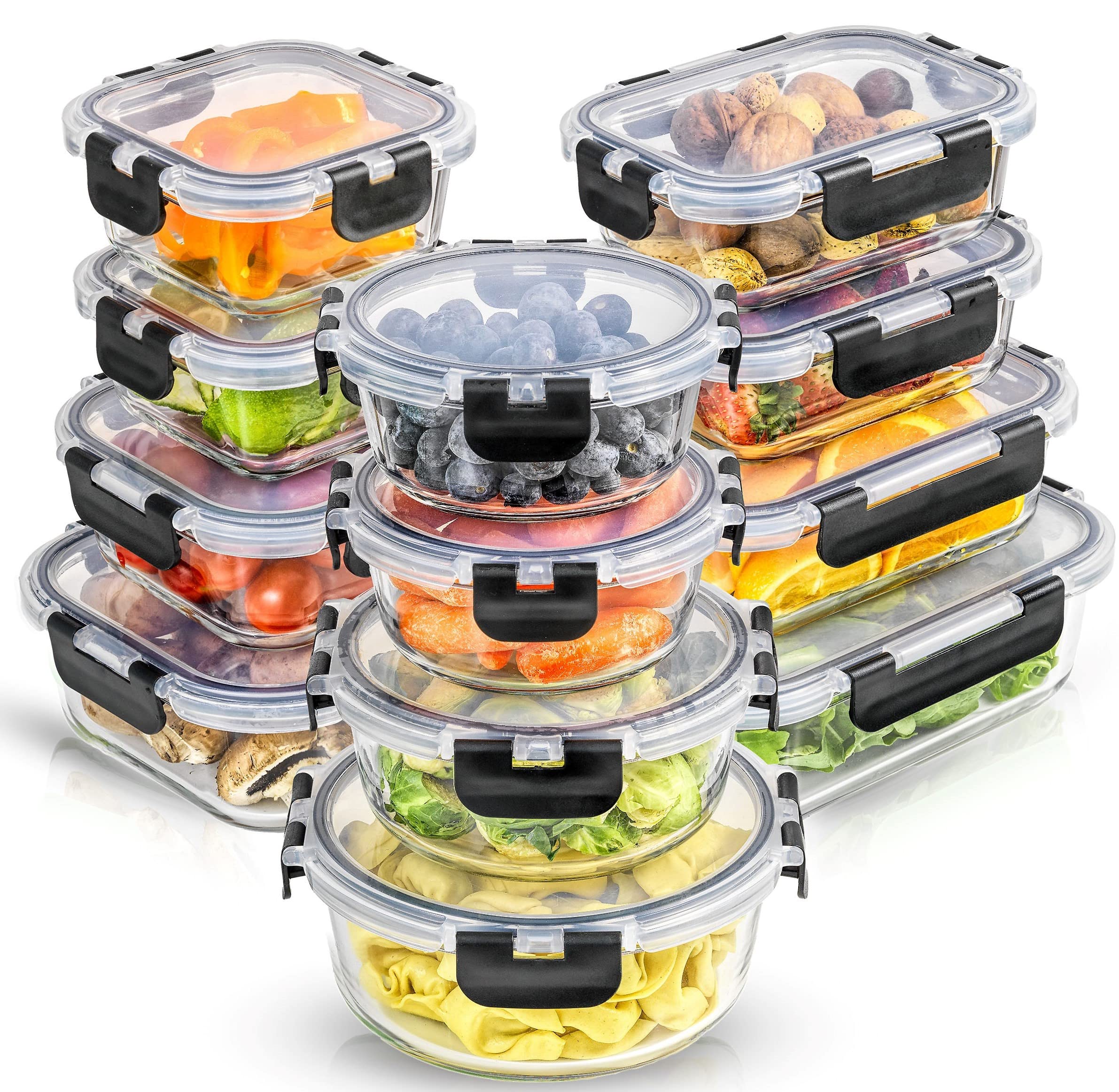 JoyJolt JoyFul 24pc(12 Airtight, Freezer Safe Food Storage Containers and 12 Lids), Pantry Kitchen Storage Containers, Glass Mea
