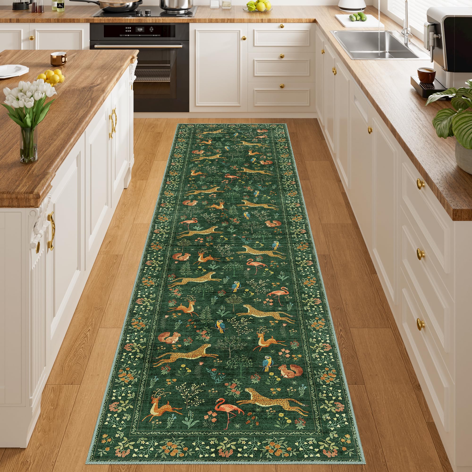 DUKINO Runner Rug, 2x8 Boho Kitchen Rug for Hallways with Low Pile Design, Washable Non Slip Backing Soft Floral Runner for Kitc
