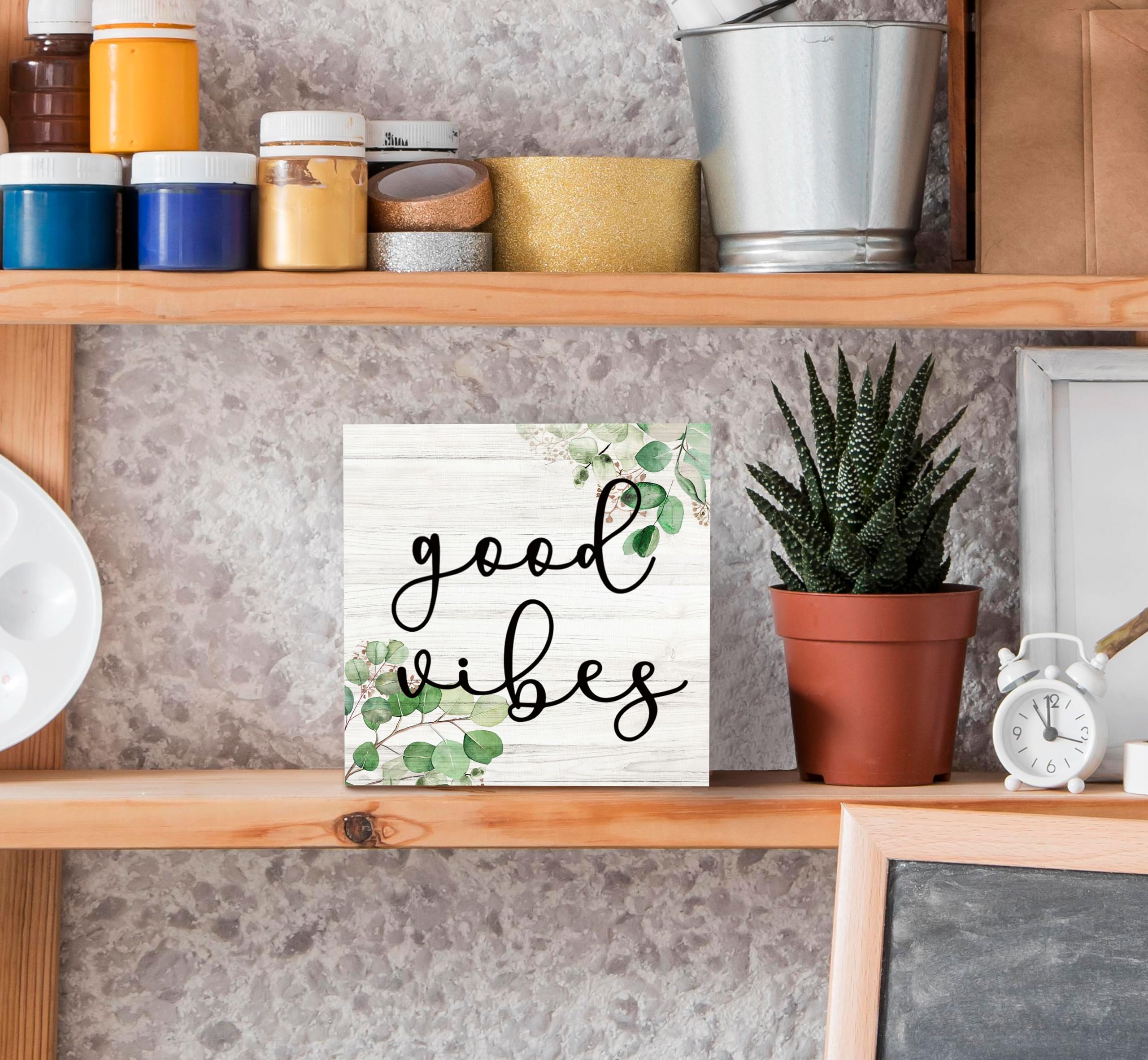 SRADMO Inspirational Botanical Eucalyptus Leaves Wood Box Sign Desk Decor, Rustic Green Eucalyptus Leaves Wooden Block Box Sign