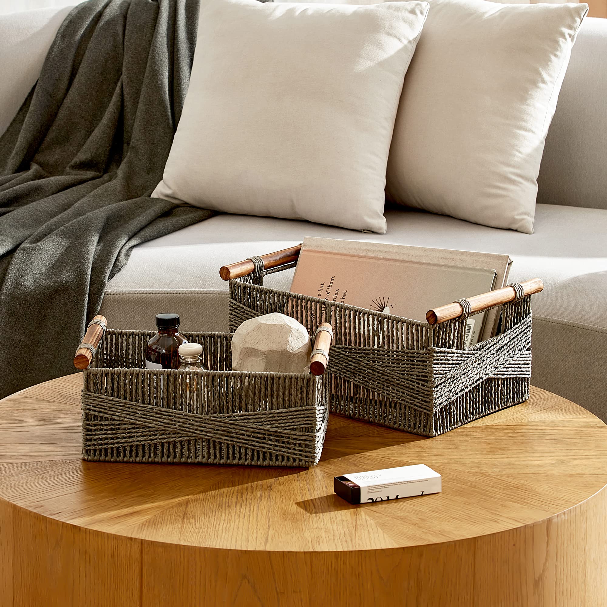LA JOLIE MUSE Wicker Storage Baskets for Organizing  Recyclable Paper Rope Basket with Wood Handles  Decorative Hand Woven Basket Organizers for Makeup Books Shelves Living Room  Grey  Set of 2
