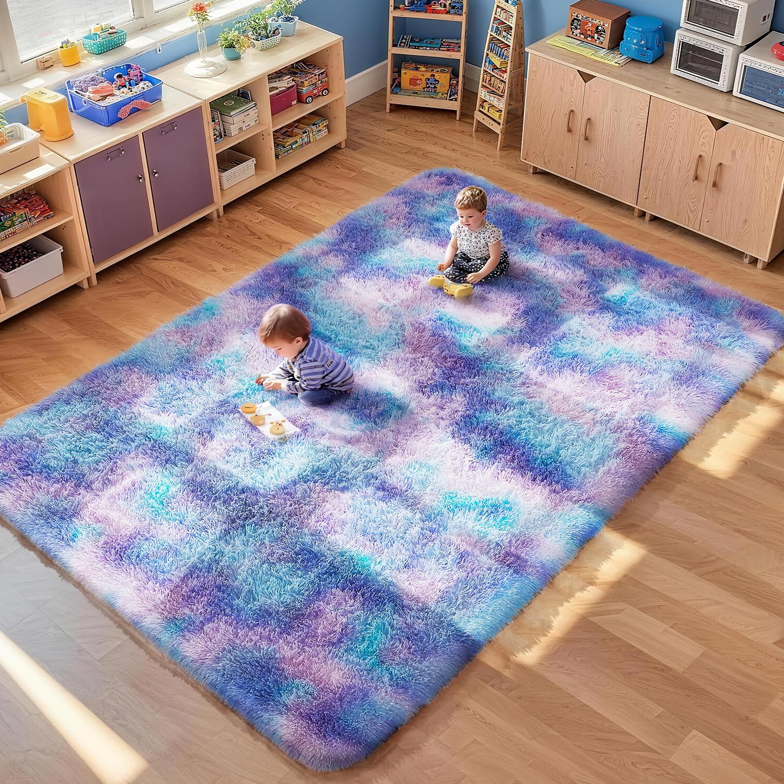 Ophanie Rainbow Purple Mermaid Rugs for Living Room 5x8, Kids Fluffy Shag Fuzzy Plush Soft Carpets, Floor Shaggy Area Rugs for B