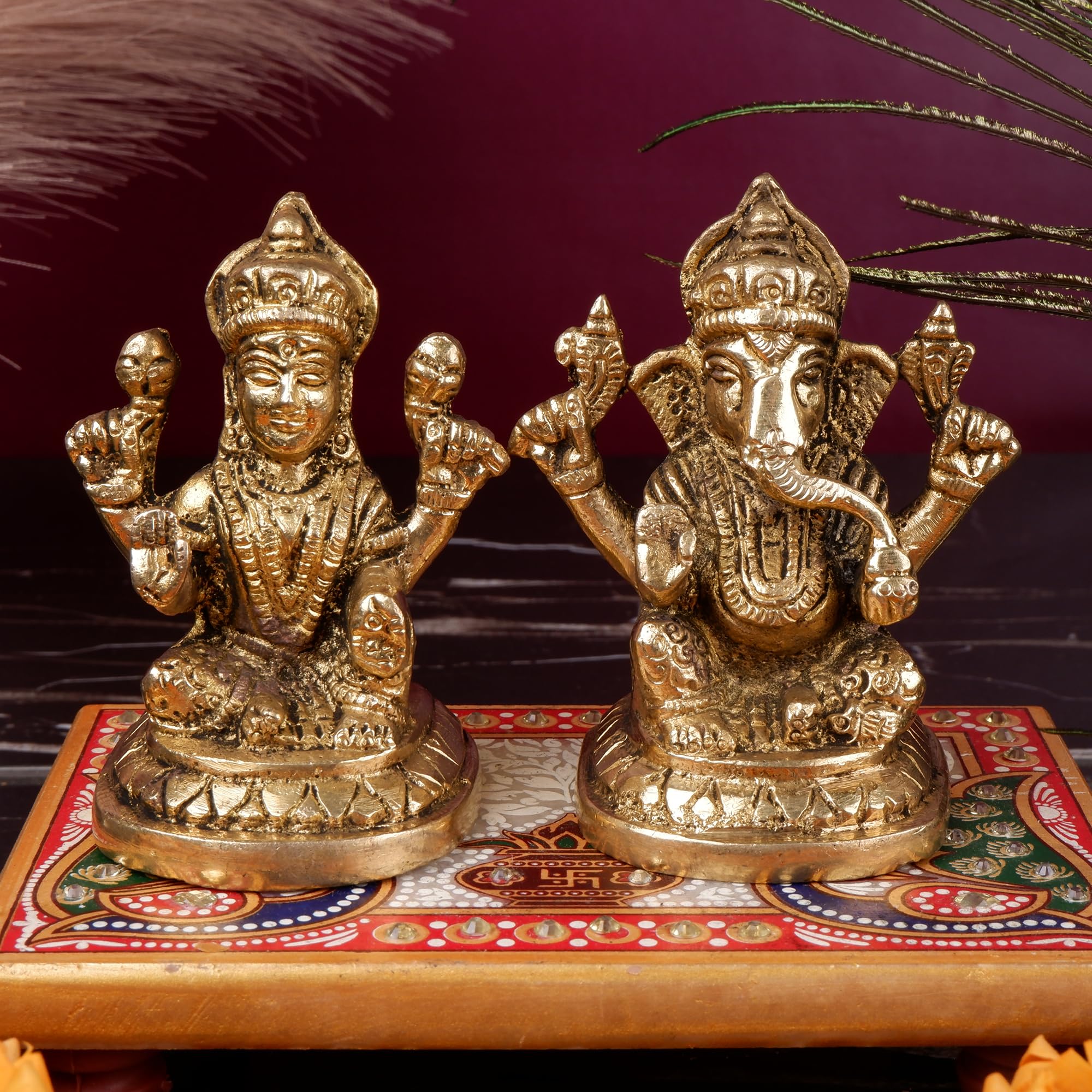 Shoppingrox Lakshmi Ganesh Set 9 Cm Religious Idol & Figurine Brass Metal Yellow Colour
