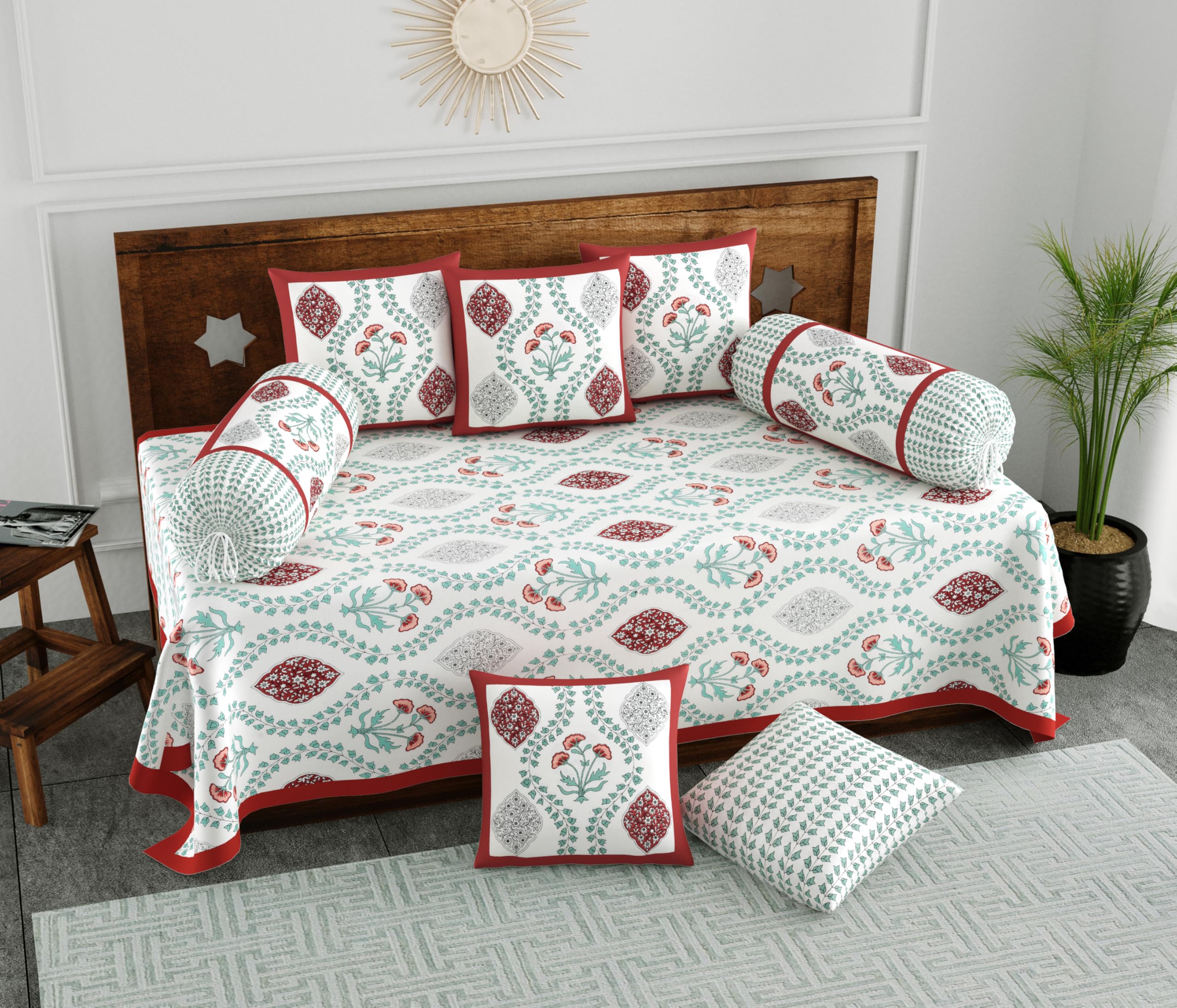 Blocks Of India 200Tc Diwan Set Cotton 8 Piece | Deewan Printed Bedsheet Sets For Living Room Hall (Set Of 8 Piece, 1-Bed Sheet 