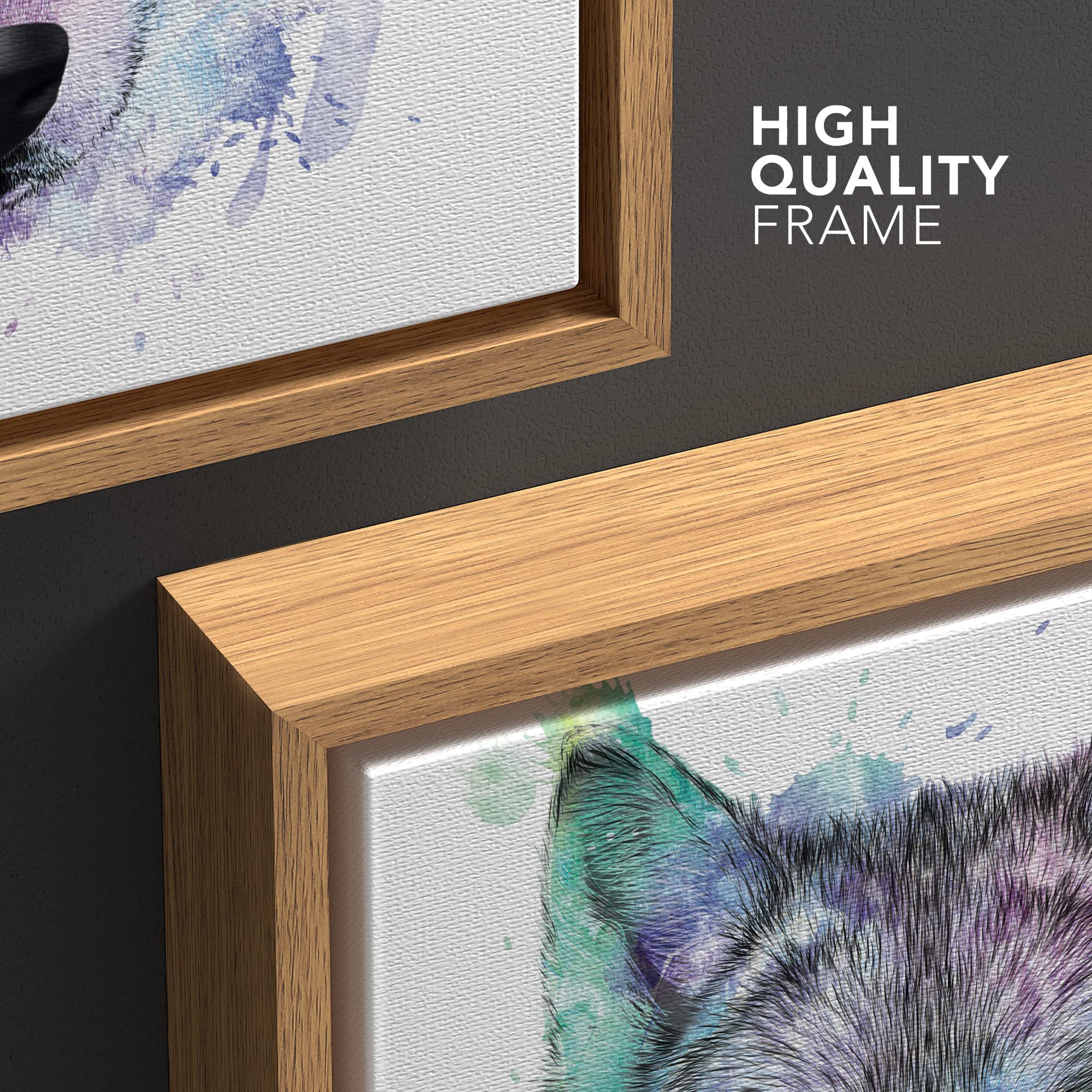 Wall26 - Fun And Colorful Splattered Watercolor Wolf - Framed Canvas Art Home Art - 24''X24'' Natural
