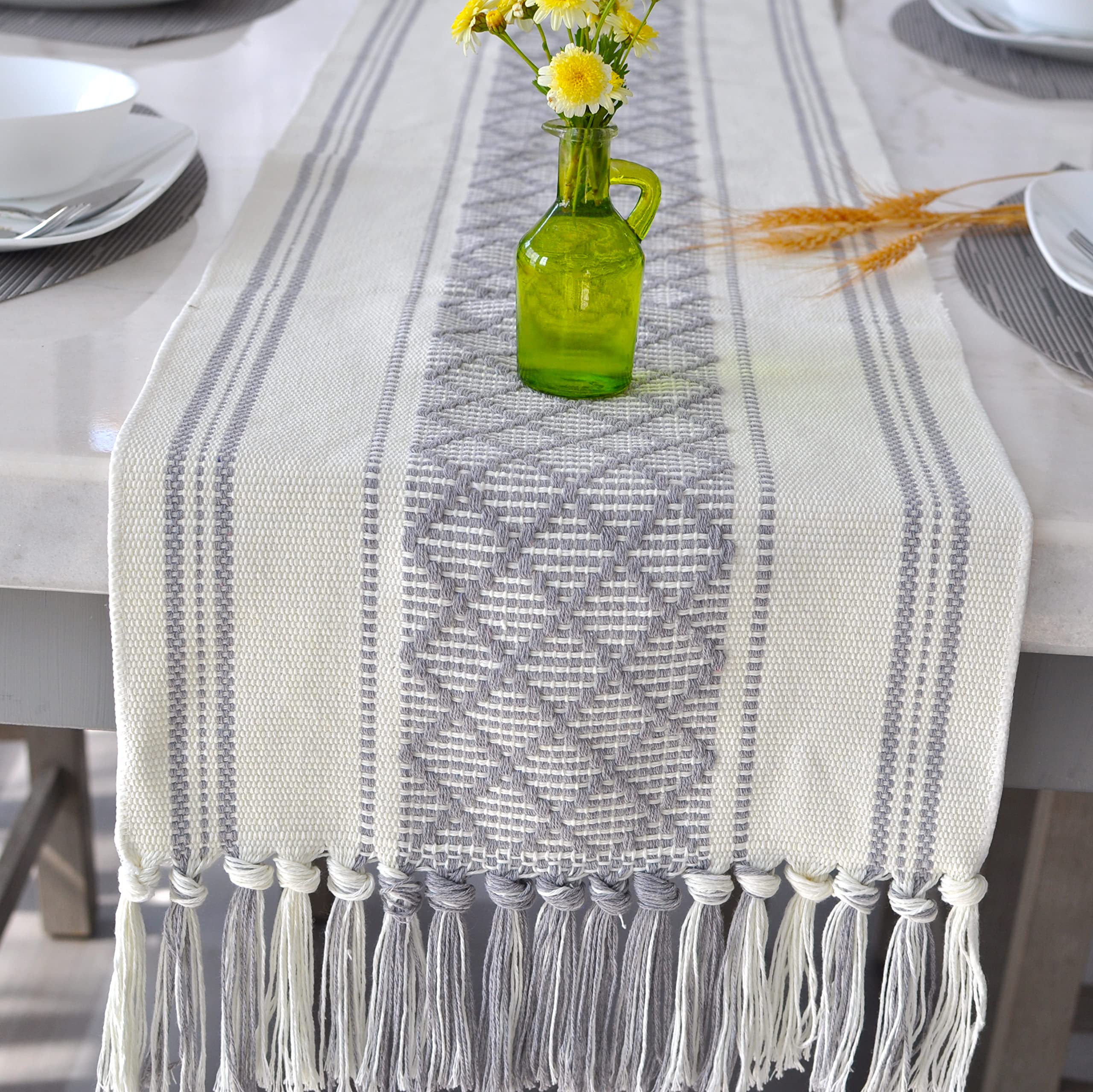 Oveesha Boho Table Runner With Tassel 14 X 72 Inches, Grey & Cream, Woven Washable Dresser Scarf And Topper For Bedroom, Farmhou