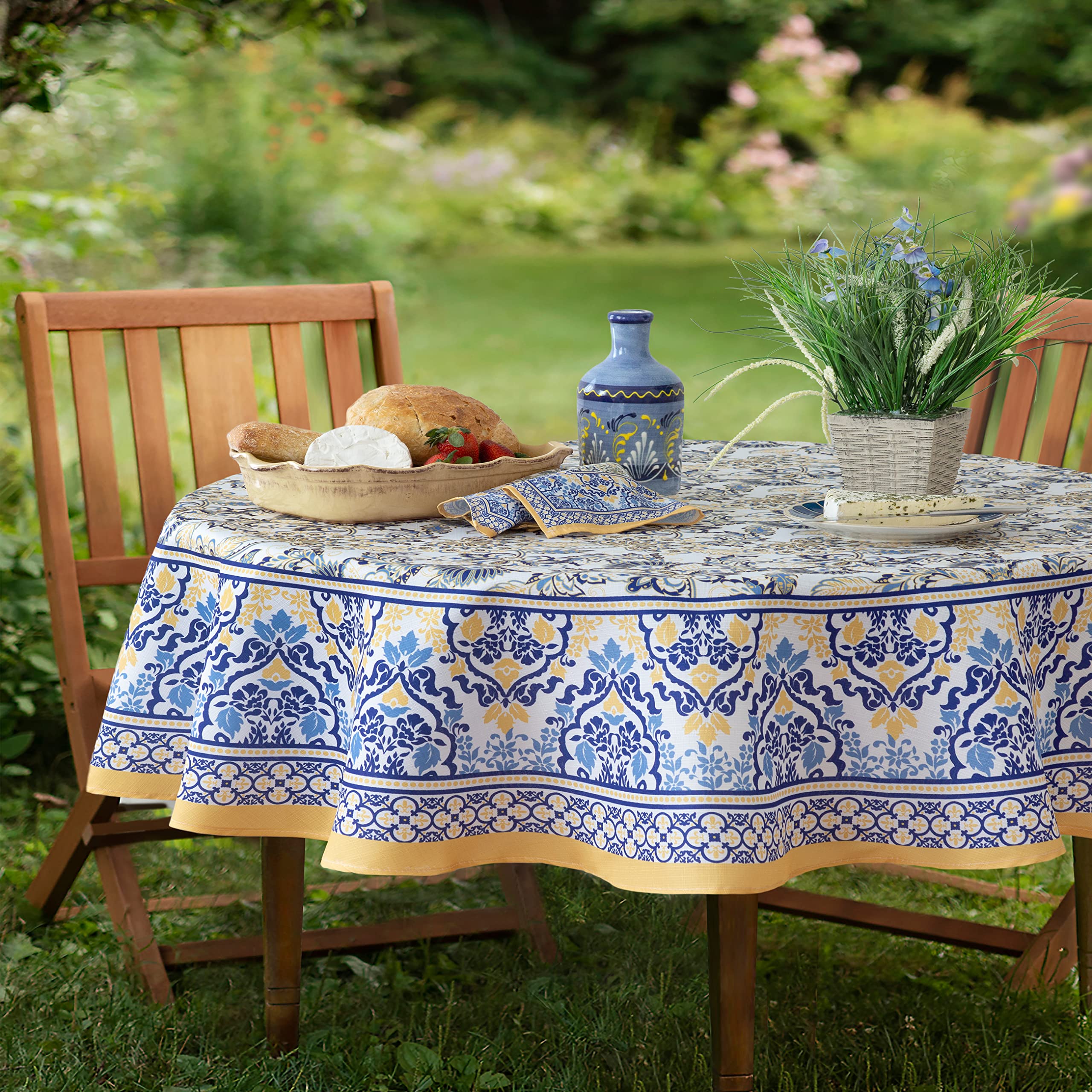 Home Bargains Plus Provence Allure Arabesque Yellow and Blue Floral Bordered country French Fabric Tablecloth, Indoor Outdoor, S