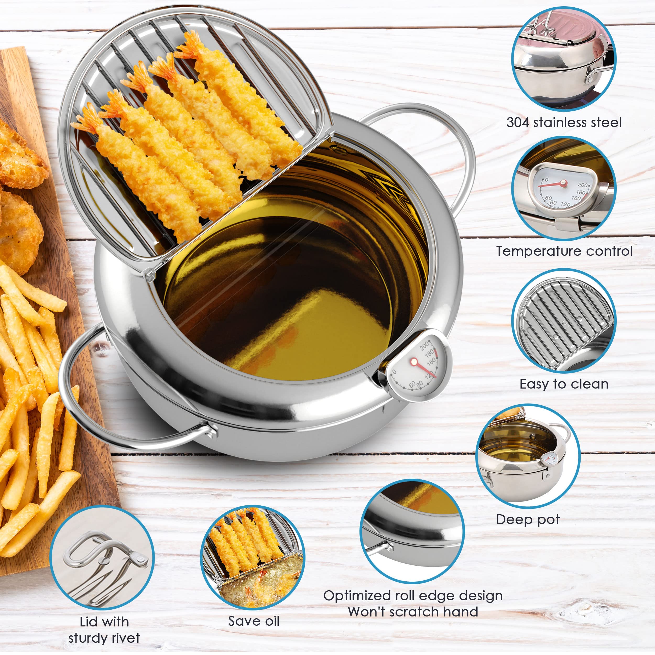 Deep Fryer Pot, Tempura Deep Frying Pot, Stove Top, 9    X 5.5   , 114 Oz (3.6 Qt), 304 Stainless Steel, Flat Bottom W/Lid & Tem