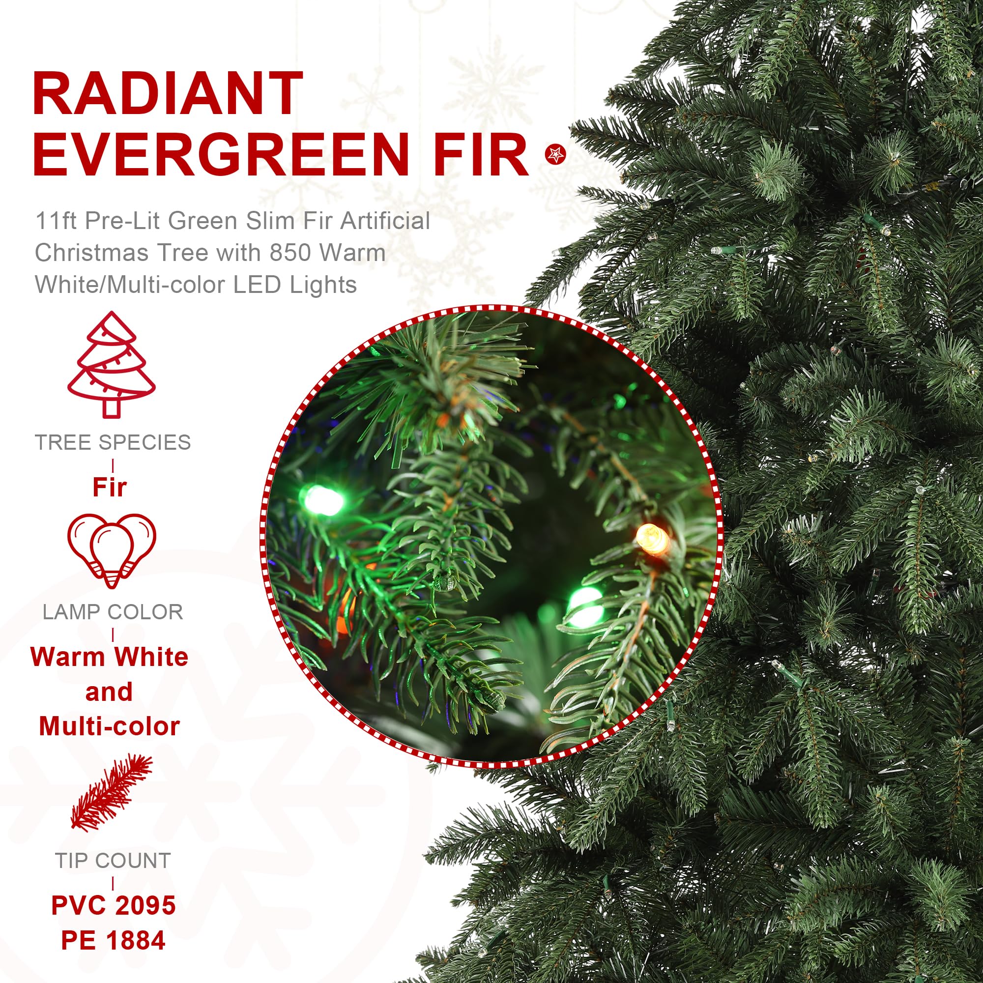Glitzhome 11ft Pre-Lit Christmas Tree,Hinged Slim Artificial Xmas Tree,Radiant Evergreen Fir with 850 Warm White/Multi-Color LED