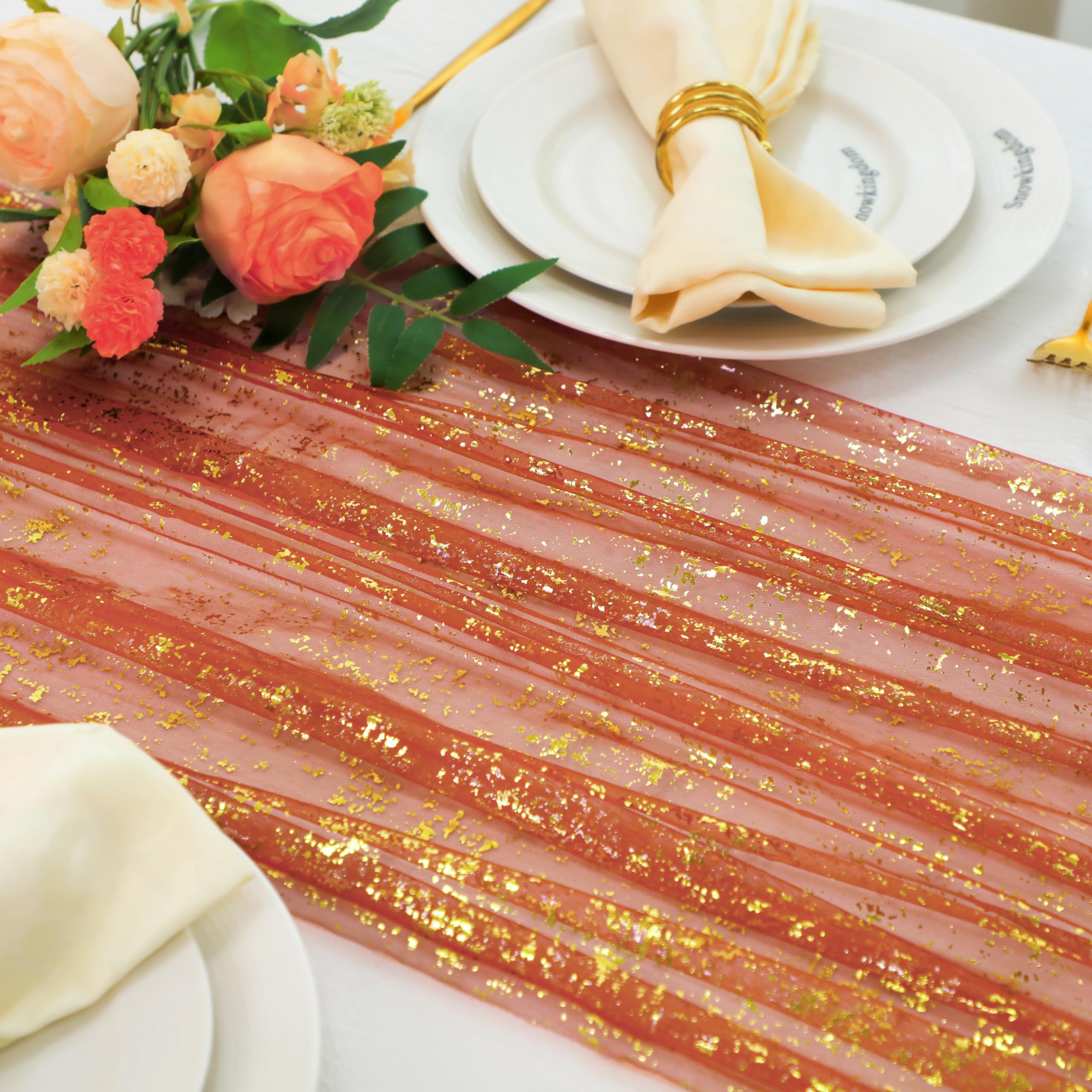 Snowkingdom 10 FT Fall Thanksgiving Table Runner Terracotta Gold Table Runner Burnt Orange Rust Sheer Chiffon Gauze Cheesecloth 
