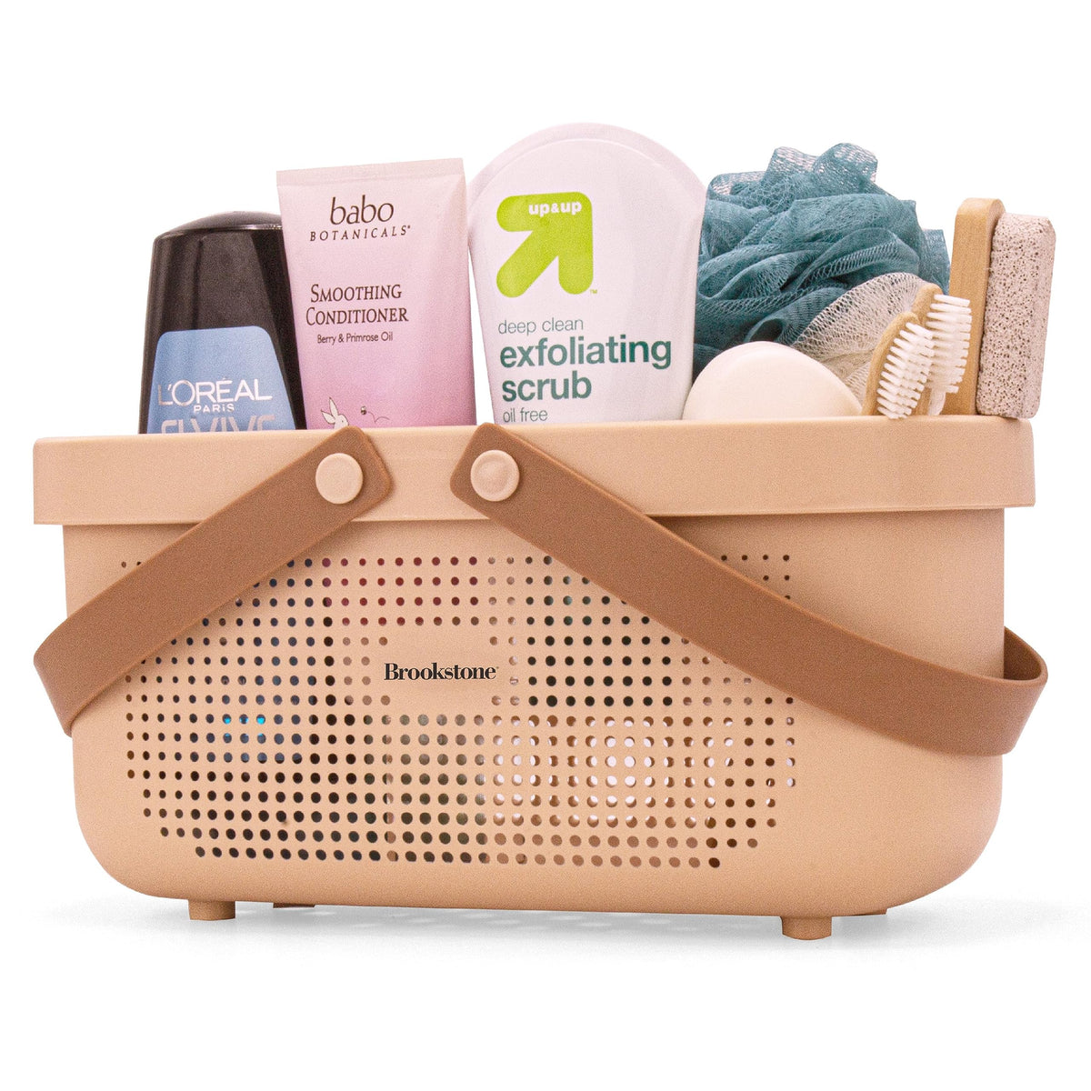 Brookstone Bkh1634, Large Portable Shower Caddy With Soft Silicone Carrying Handle, Bathroom Organizer Basket, Plastic Bath Tote