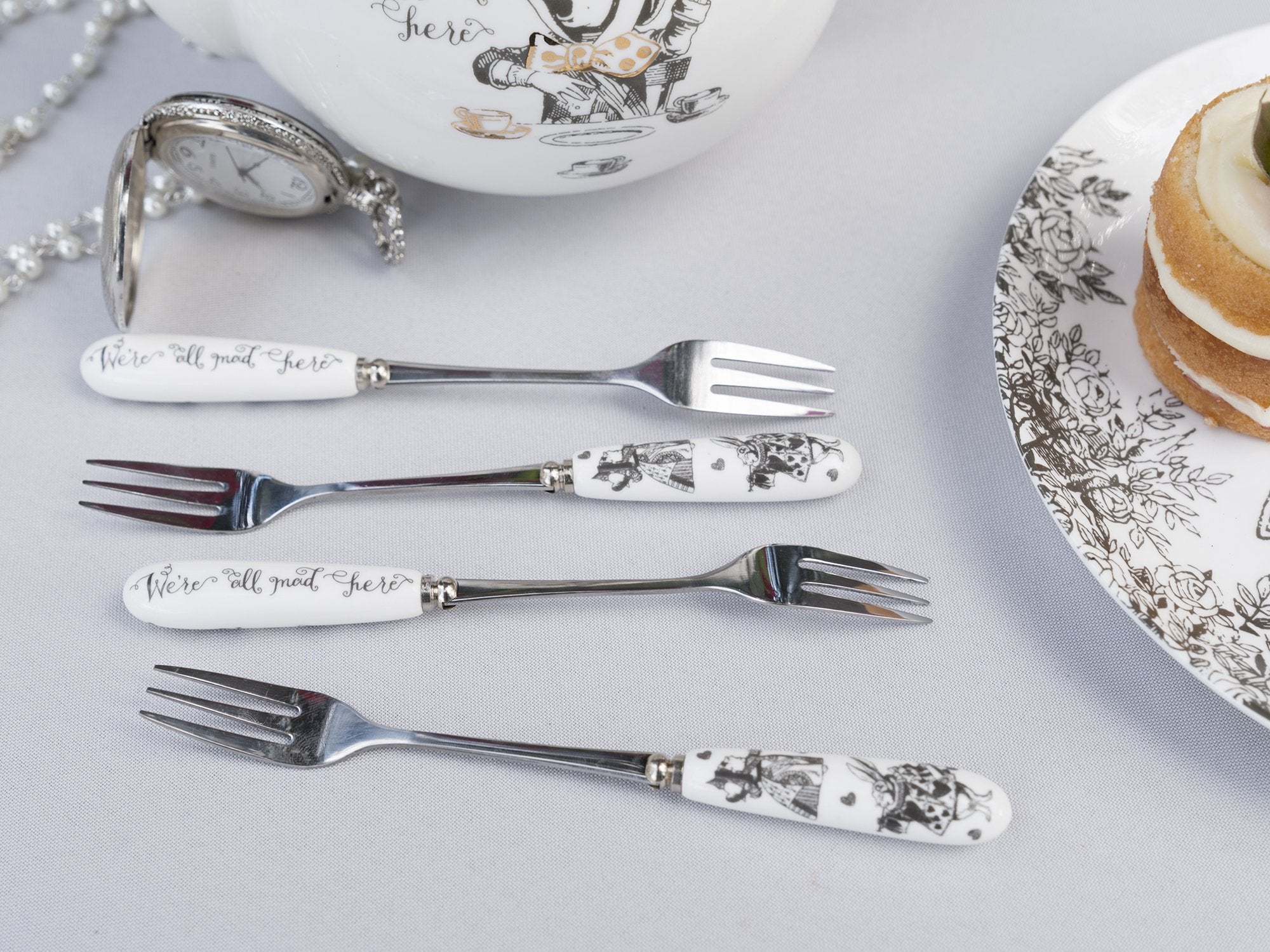 Creative Tops V&A Alice In Wonderland Dessert/Pastry Forks With Decorative Porcelain Handles, 15 X 1.5 X 1.5 Cm, White, 4 Set