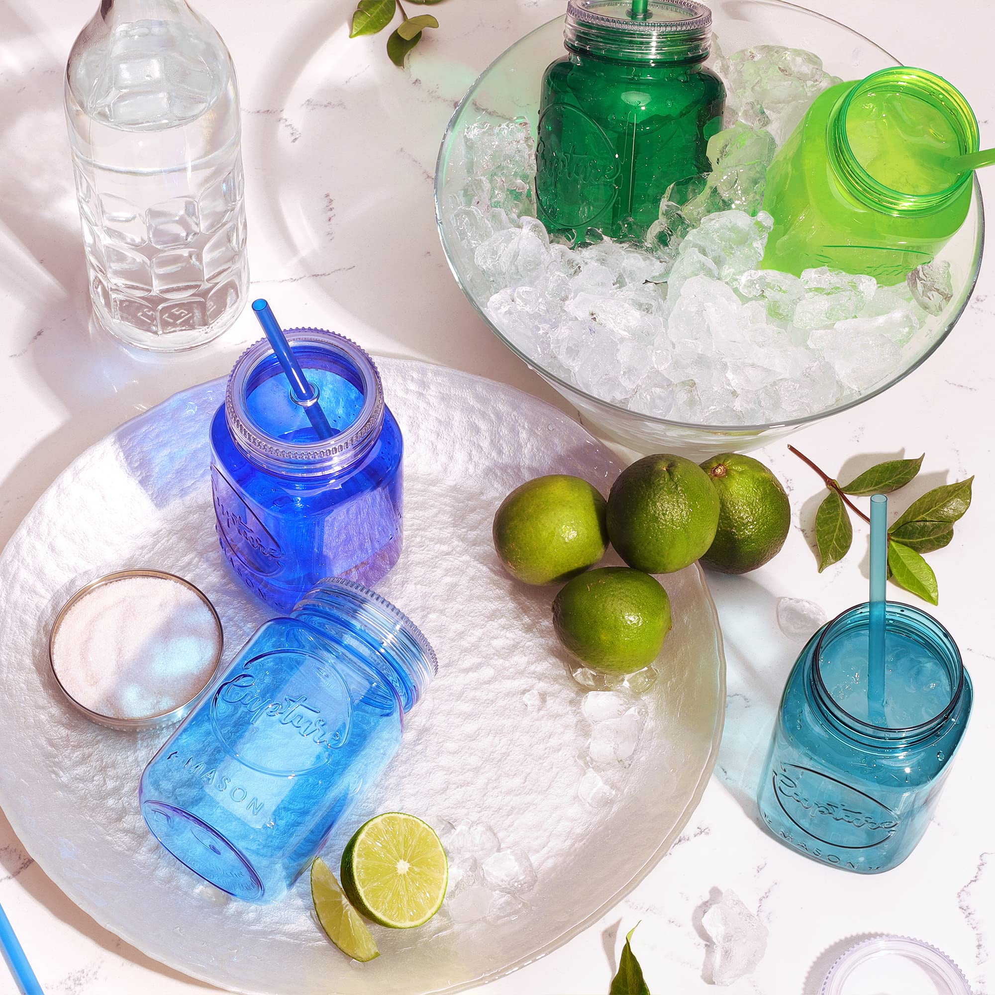 Cupture Acrylic Mason Jar Tumbler Mugs With Lids & Straws - 20 Oz, 6 Pack (Cool Lagoon)
