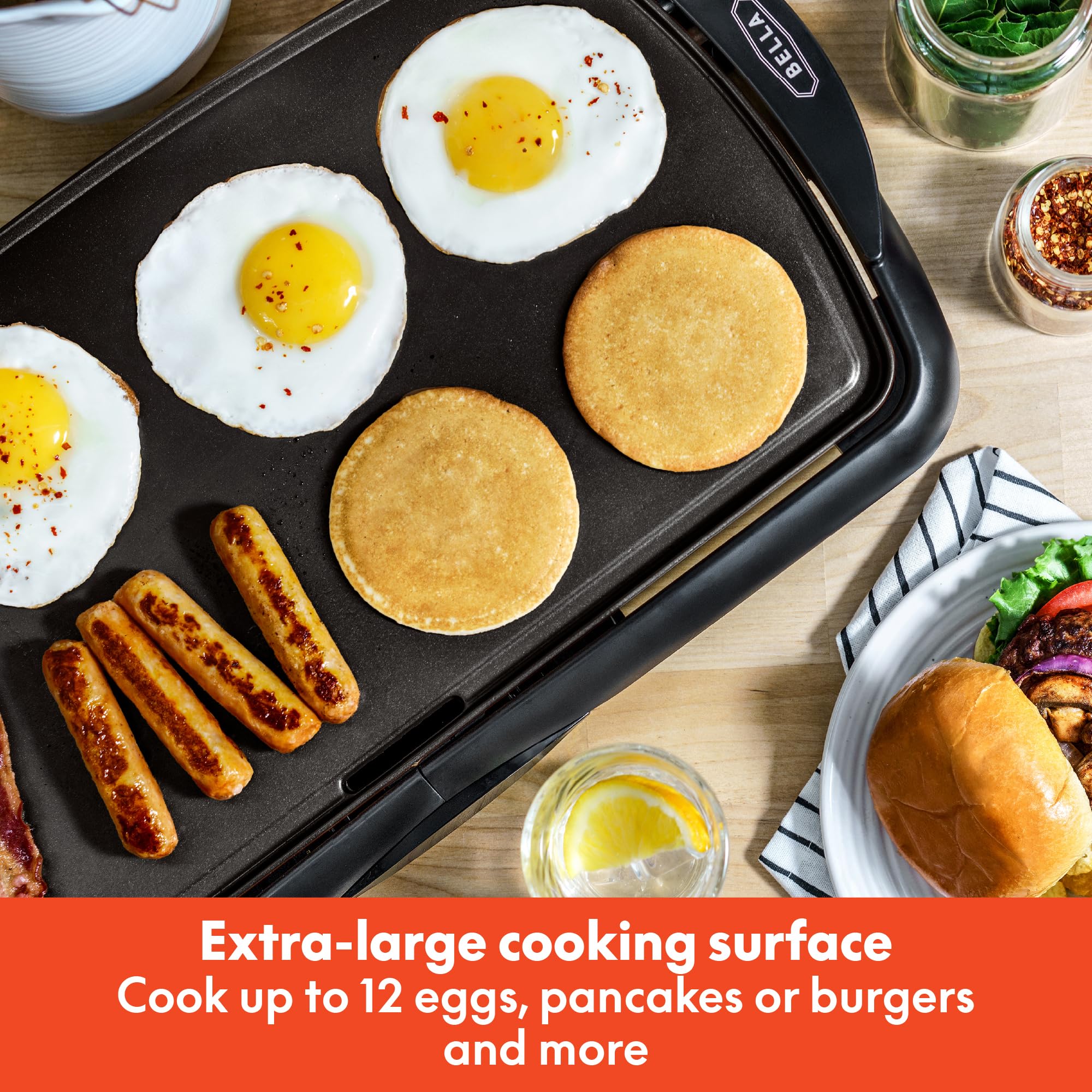 Bella Electric Griddle & Flat Grill With Nonstick Large Cooking Surface And Removable Probe For Eggs, Tortillas, Pancake And Mor