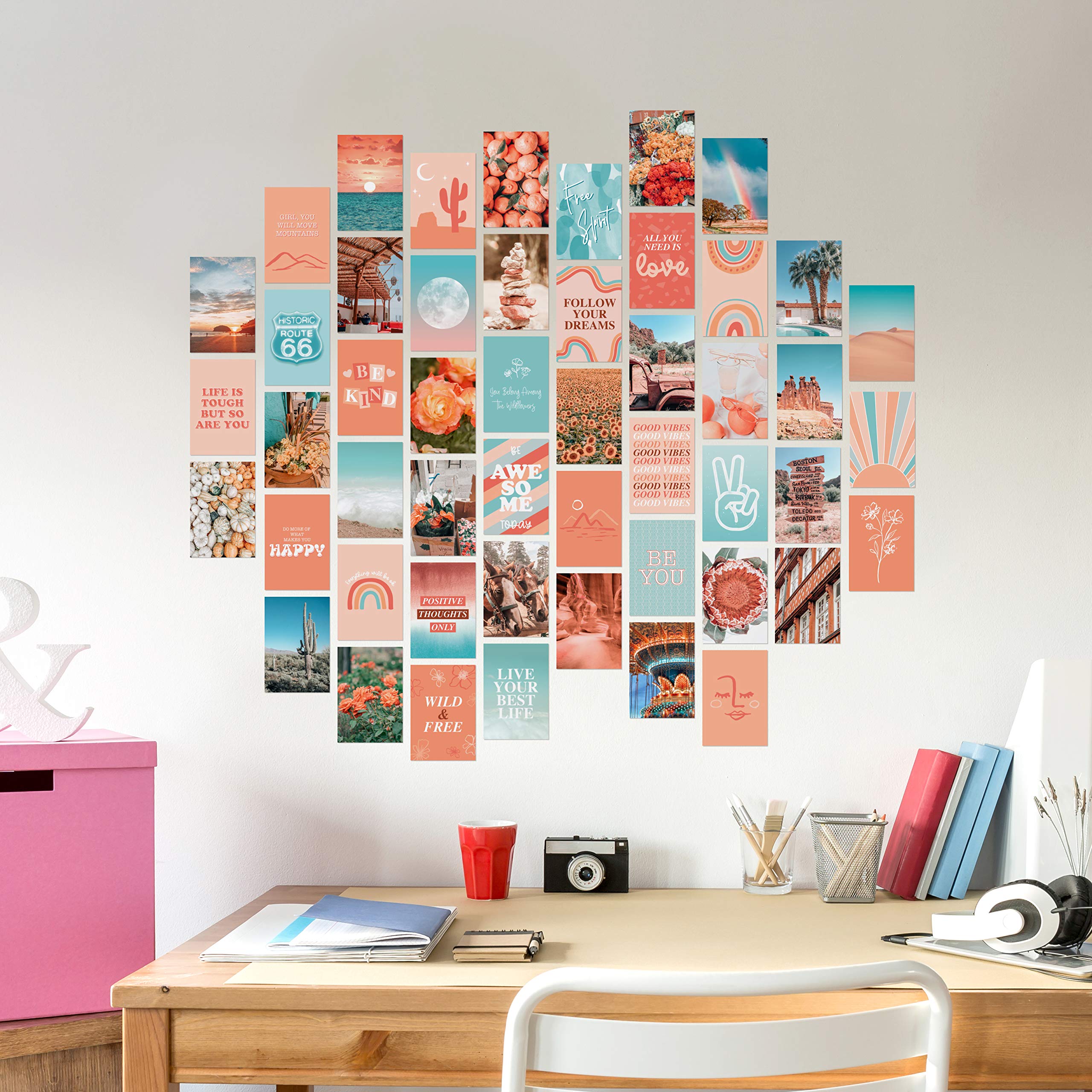 Artivo Peach Teal Wall Collage Kit for Aesthetic Pictures  50 Set 4x6 inch  VSCO Girls Bedroom Decor  Cute Boho Wall Decor  Dorm Photo Collection