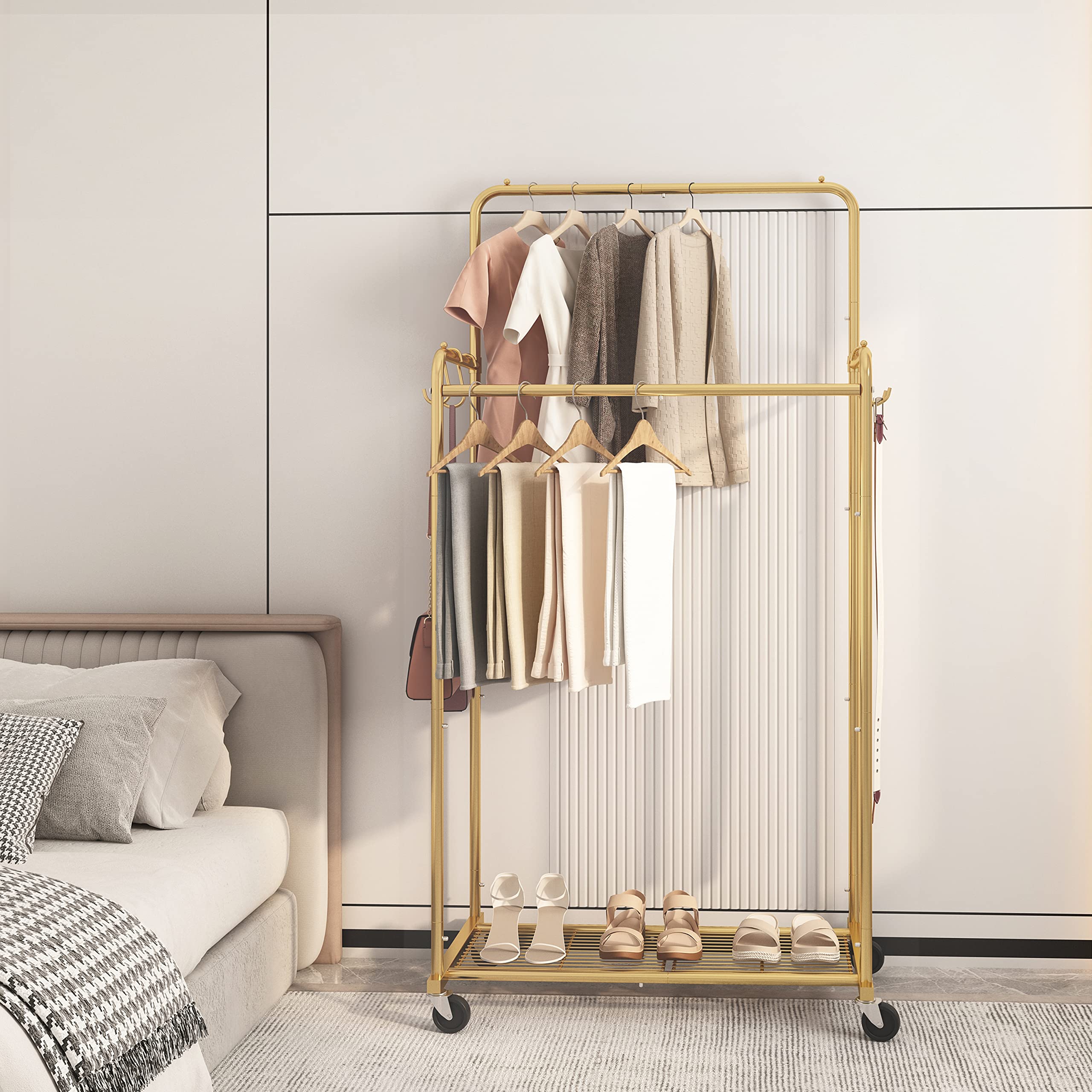 Simple Trending Double Rod Clothes Garment Rack, Heavy Duty Clothing Rolling Rack On Wheels For Hanging Clothes,With 4 Hooks, Go