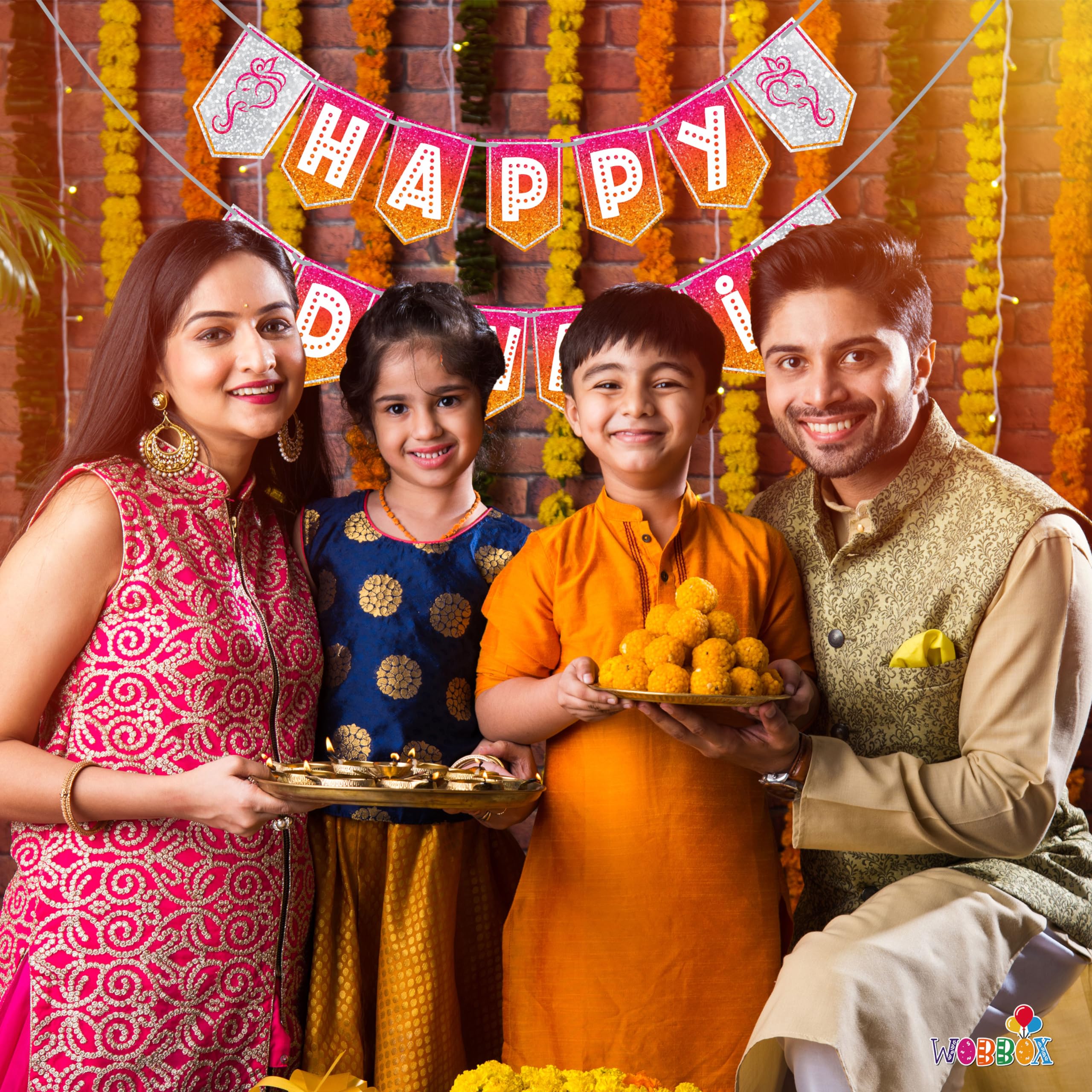 WOBBOX Diwali Decoration Bunting Banner, Happy Diwali Pink Red & Yellow Gliter With White Font, Diwali Decoration Item, Diwali D