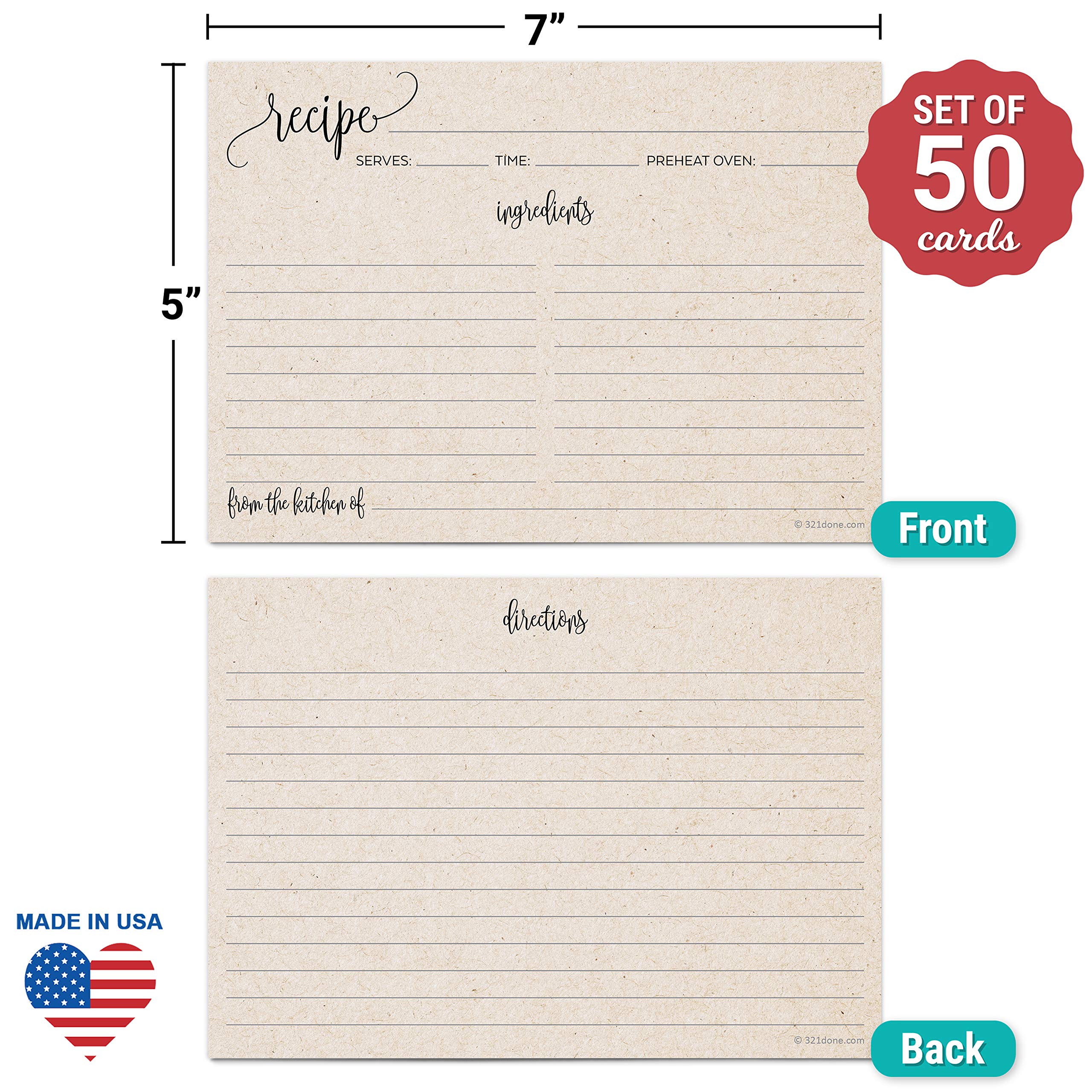 321Done 5x7 Recipe Cards (Set of 50) Rustic Kraft Tan Modern Contemporary - From the Kitchen Of - Double-Sided for Weddings  Bridal Shower  Baby  Recipe Gift Exchange - Made in USA - Vintage X-Large
