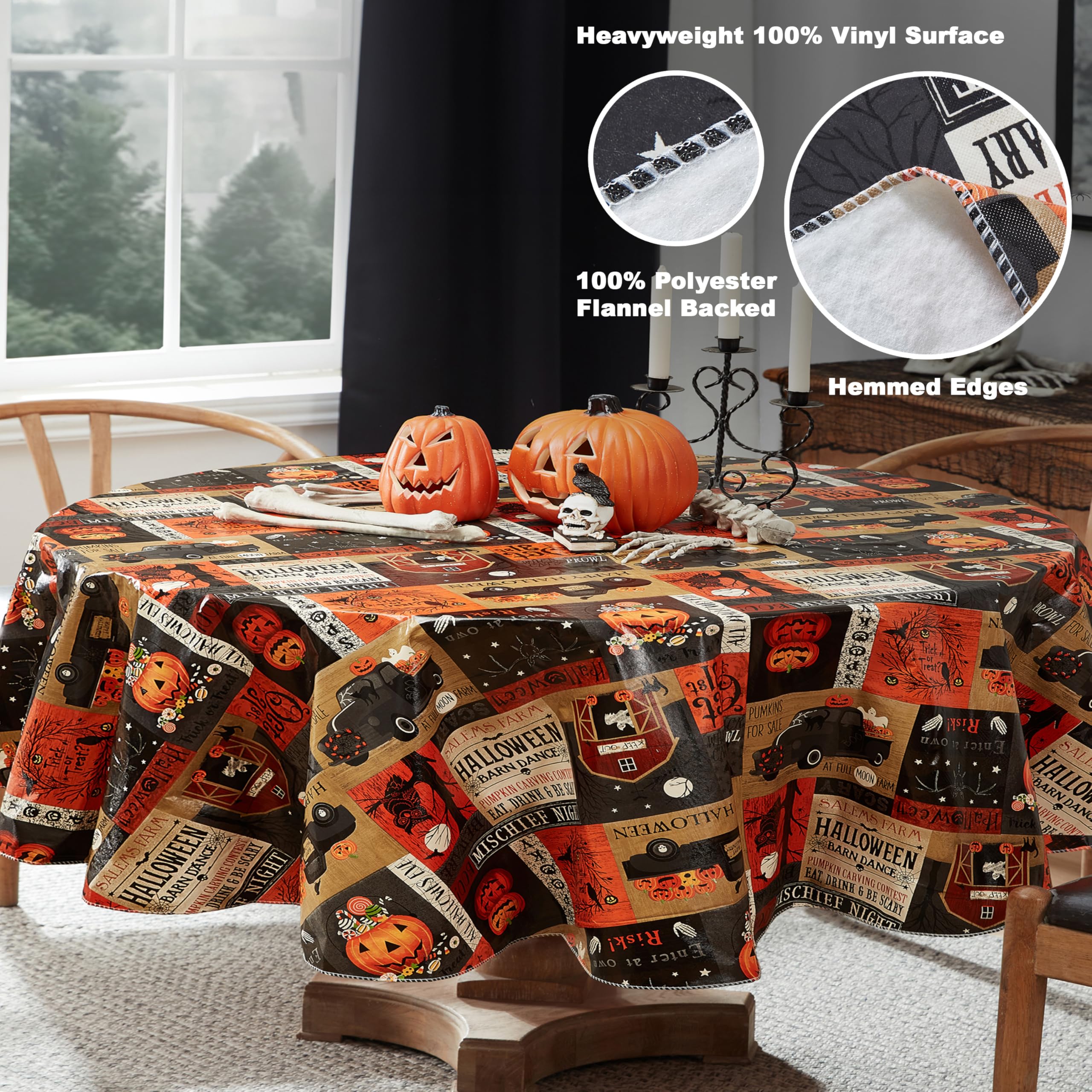 Newbridge Halloween Rustic Spooky Farm 60 x 84 Inch Oval Vinyl Tablecloth with Flannel Backing