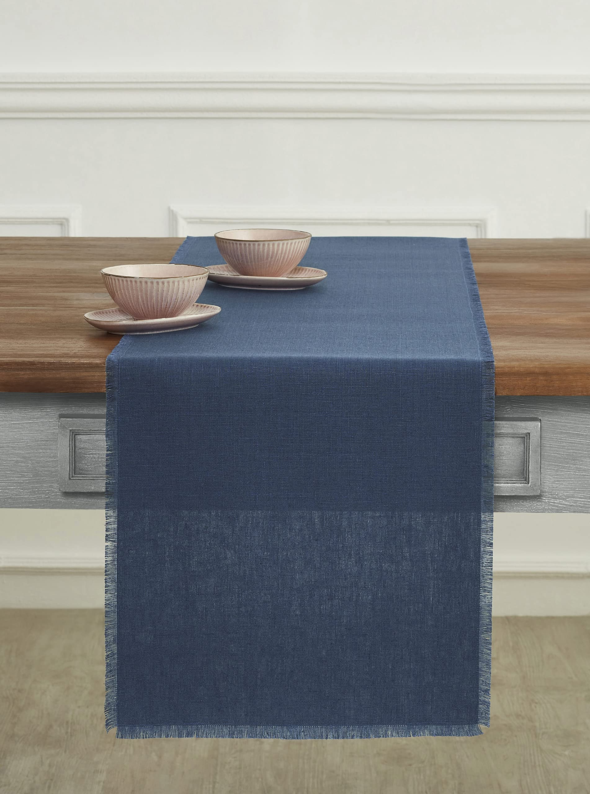 Solino Home Linen Table Runner - Vintage Blue 14 X 72 Inch - 100% Pure Linen Fringe Table Runner For Spring, Summer, Wedding - H