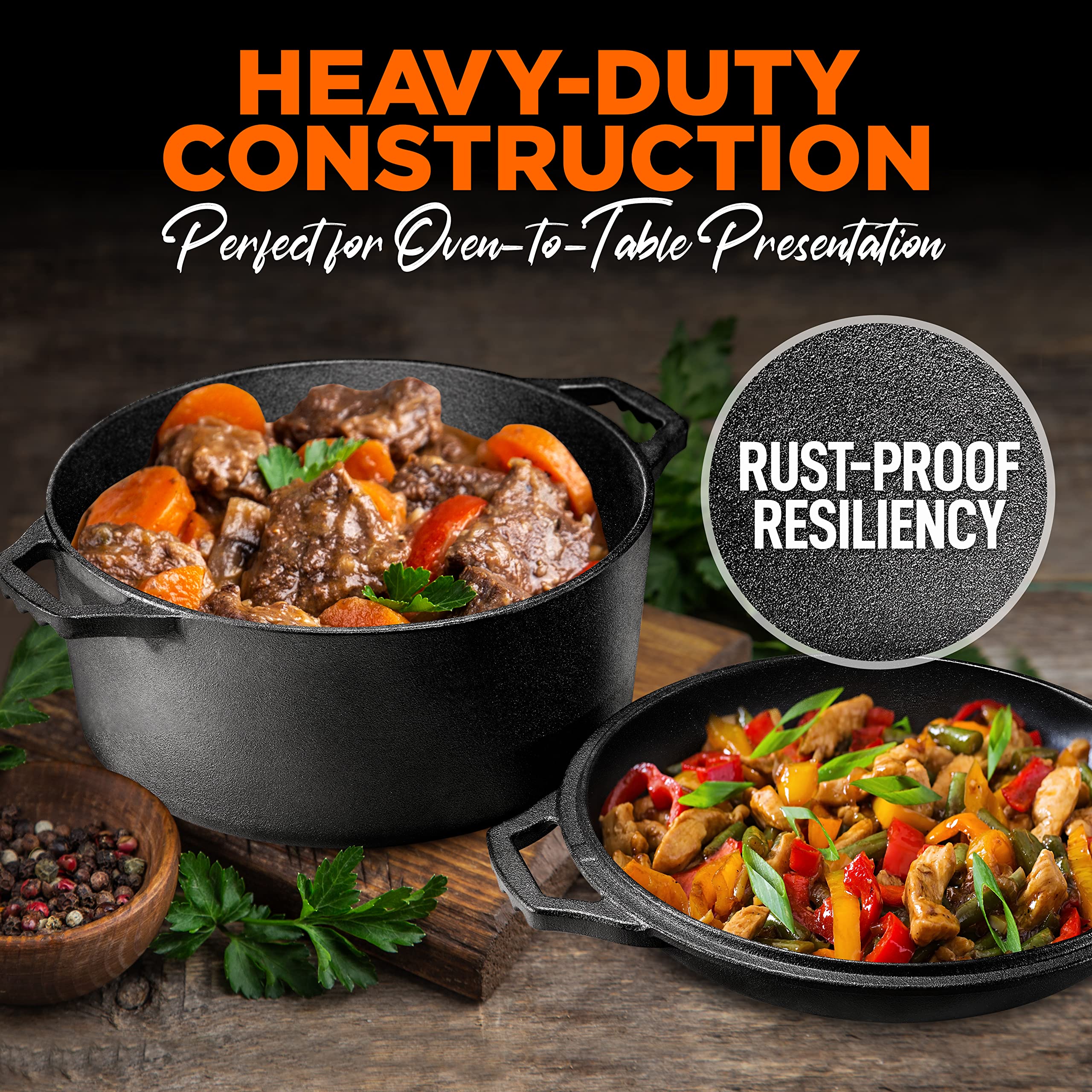 NutriChef Cast Iron Multi Cooker - Pre-Seasoned Double Dutch Oven, Black, One Size, Model NCCI2PT8, Non-Stick for Stove & Oven Cooking
