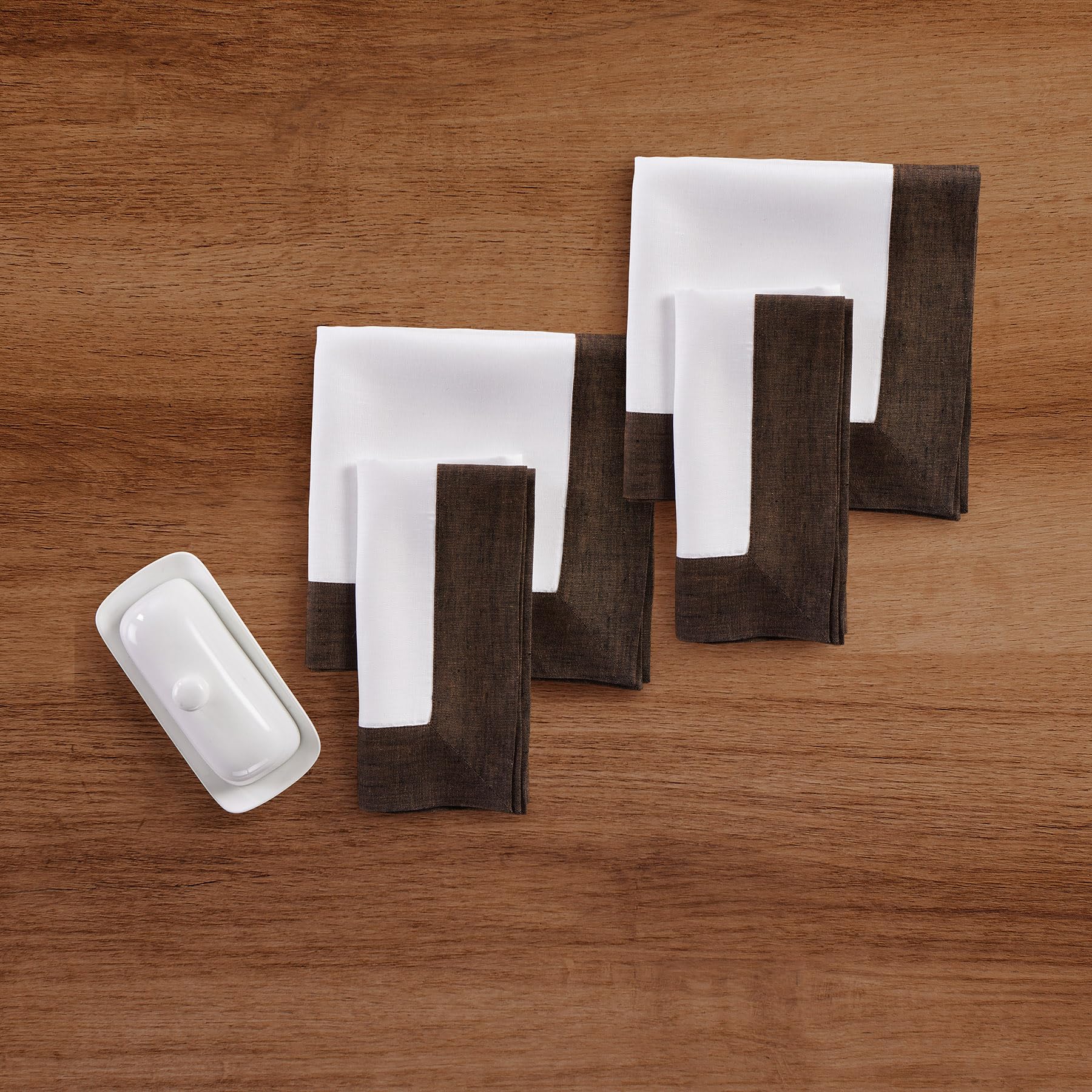 Solino Home Linen Dinner Napkins 20 X 20 Inch - 100% Pure Linen Chambray Brown And White Cloth Napkins Set Of 4 - Contempo, Hand