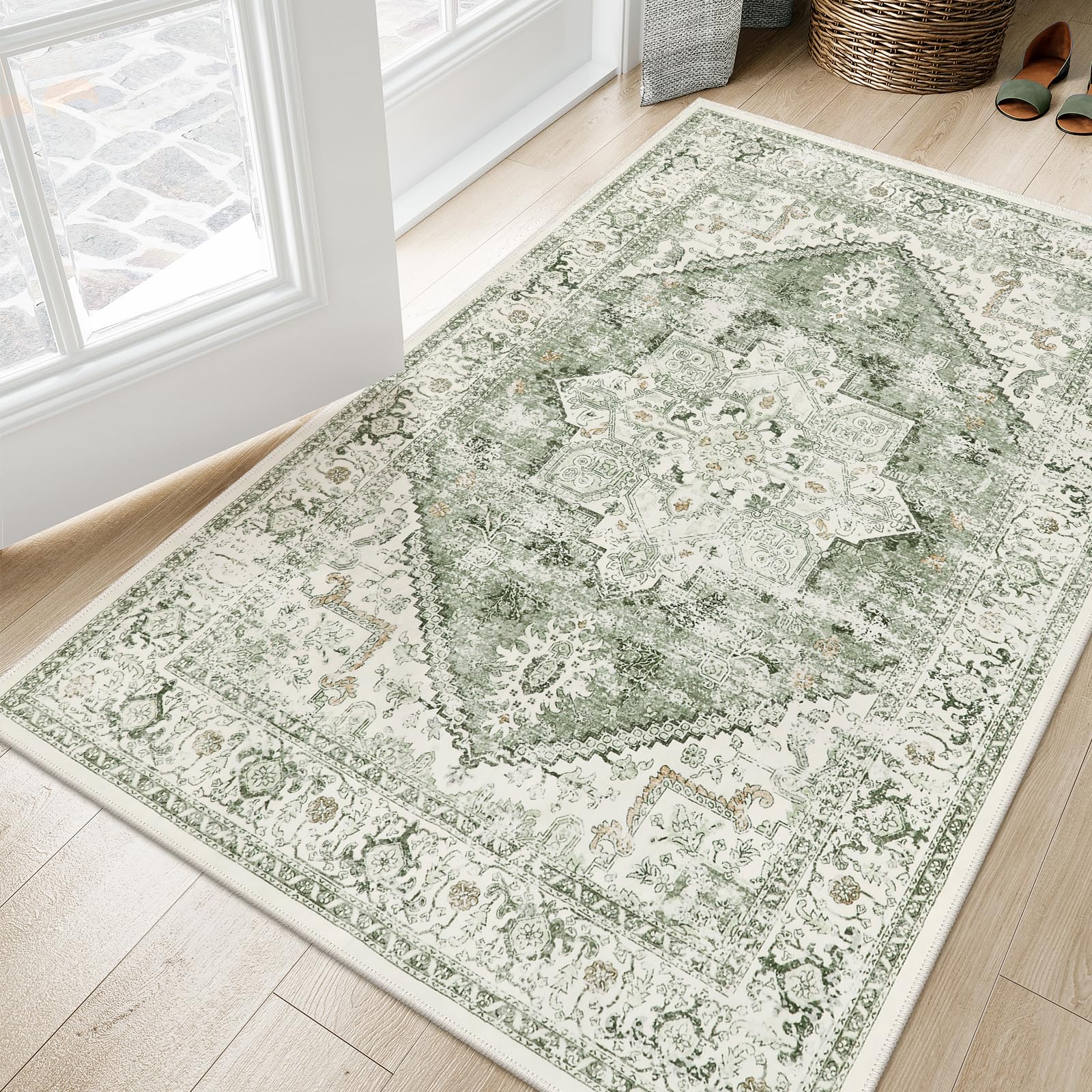 LIVEBOX Washable Area Rug 3x5 - Vintage Tribal Non-Slip Indoor Rug for Kitchen Entryway, Low-Pile Front Door Mat Print Distresse
