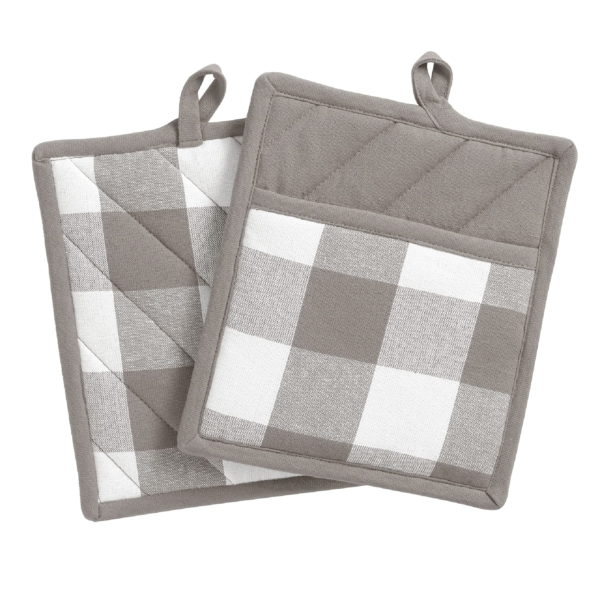 Elrene Home Fashions Farmhouse Living Buffalo-Check Pot-Holder Set, Rustic Pot Holders For Kitchen, Set Of 2, 8'' X 9'', Gray/Wh