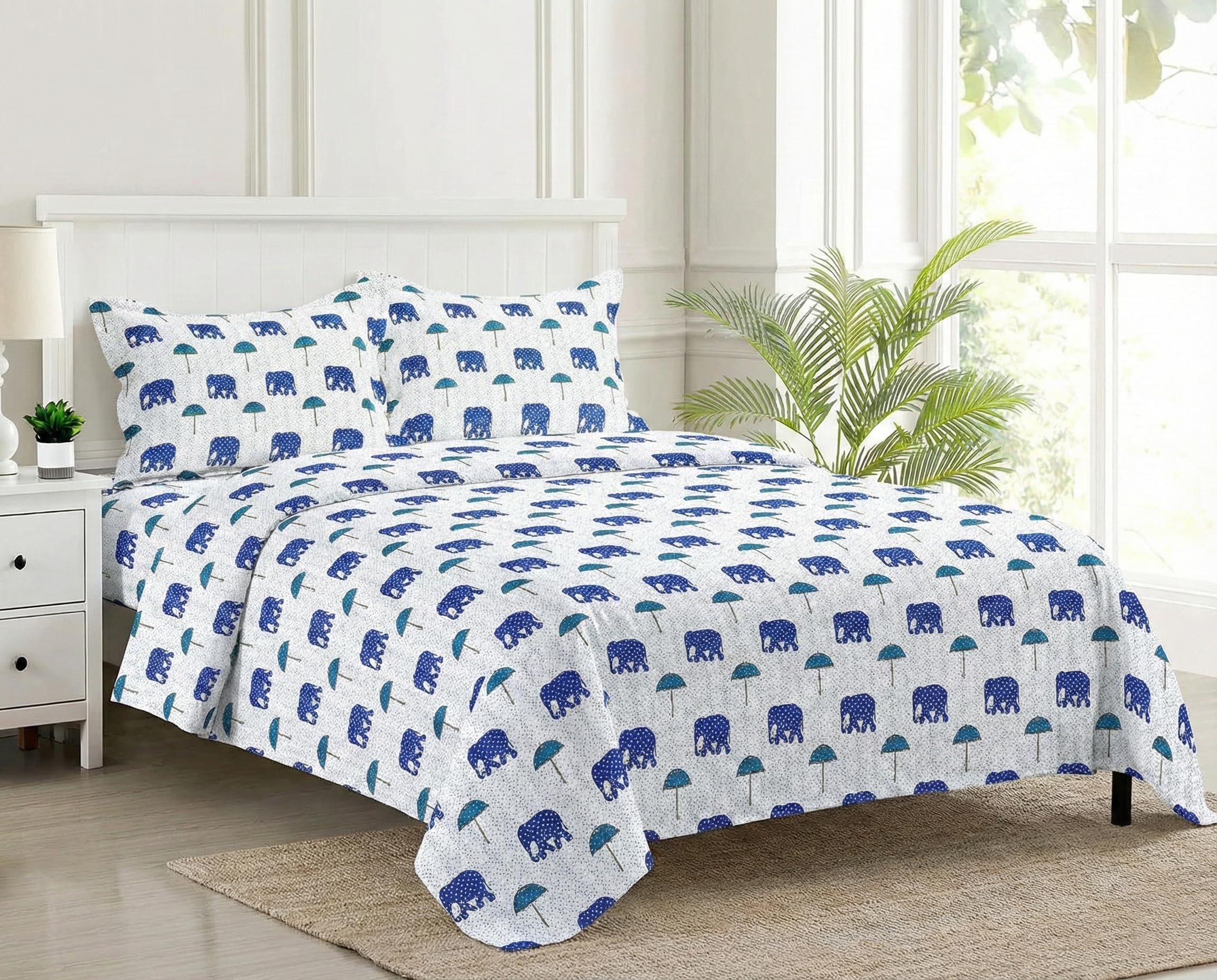 Trance Home Linen 180 Tc Jaipuri Design 100% Cotton King Size Printed Bedsheet|Bedding Set Of King Size Flat Bed Cover With 2 Pi