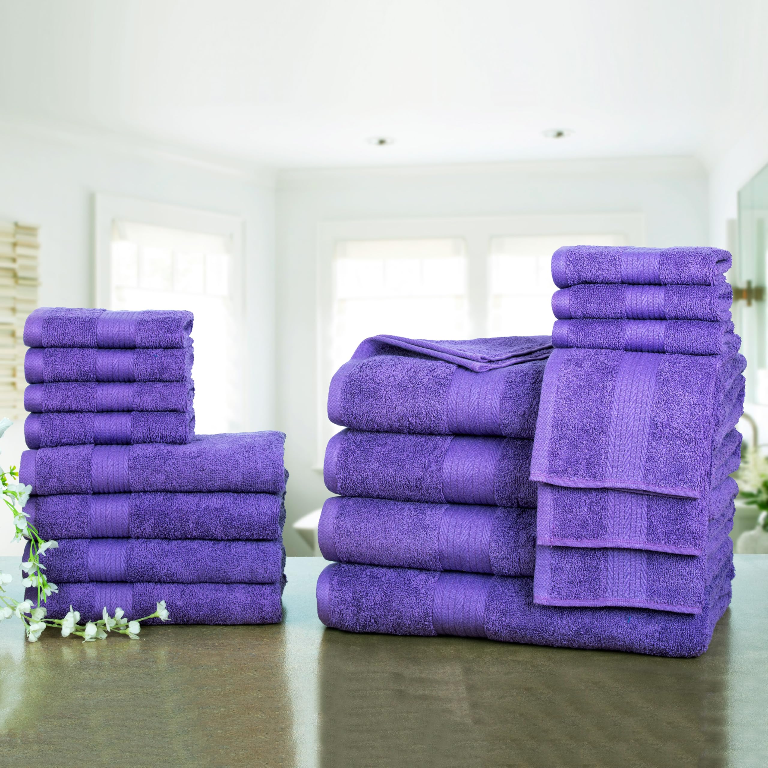 Ample Decor Bathroom Towel Set of 18-4 Hand Towel  4 Bath Towel  10 Wash Cloths - Oeko Tex Certified 600 GSM 100% Cotton - High Absorbency Quick Drying  Ideal for Gifting - Purple