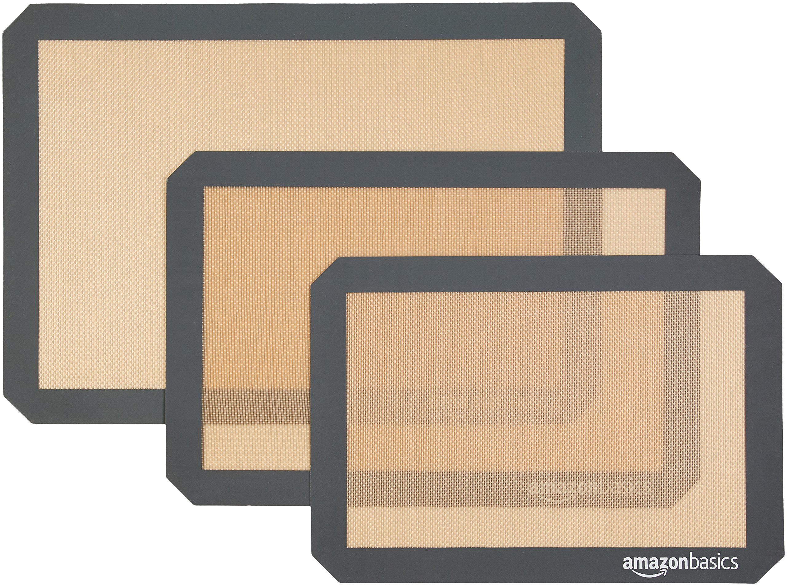 Amazon Basics Rectangular Silicone, Non-Stick, Food Safe Baking Mat, 9x13, 9.9x14.8, and 16.5x11.6, Beige/Gray, Pack of 3