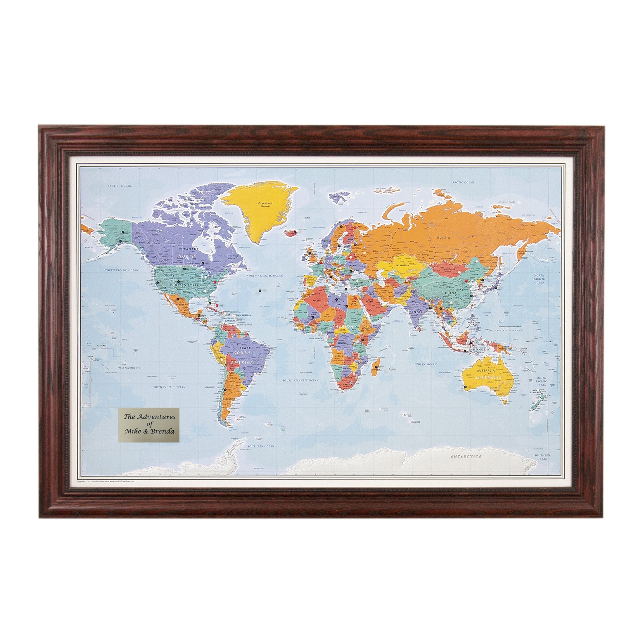 Push Pin Travel Maps - Customizable Blue Oceans World Push Pin Travel Map With Solid Wood Cherry Frame- 27.5'' X 39.5'' - 8 Hand