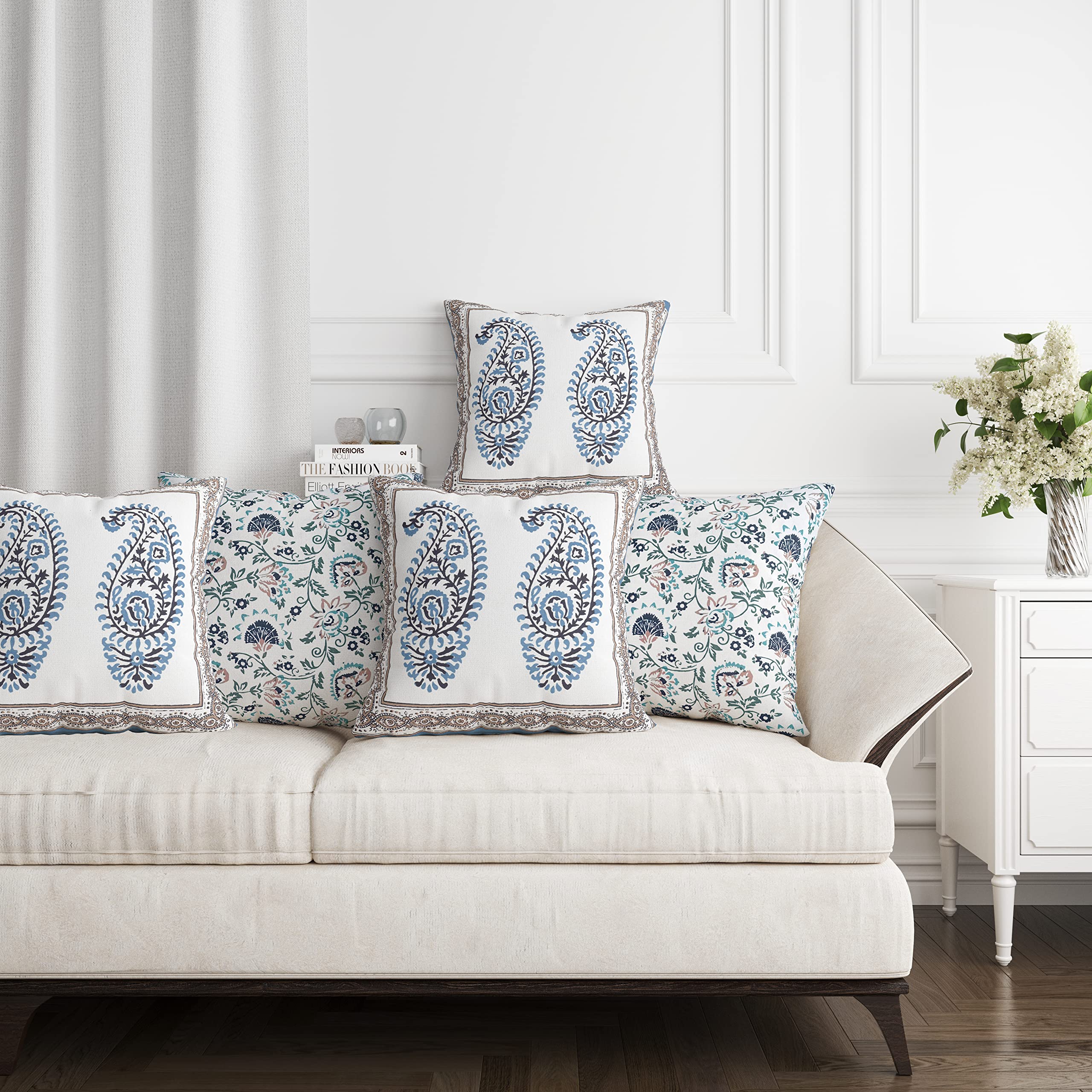 Blocks Of India Hand Block Printed Cotton Cushion Cover (16 X 16 Inches) (5, Grey Flower), 250 Tc