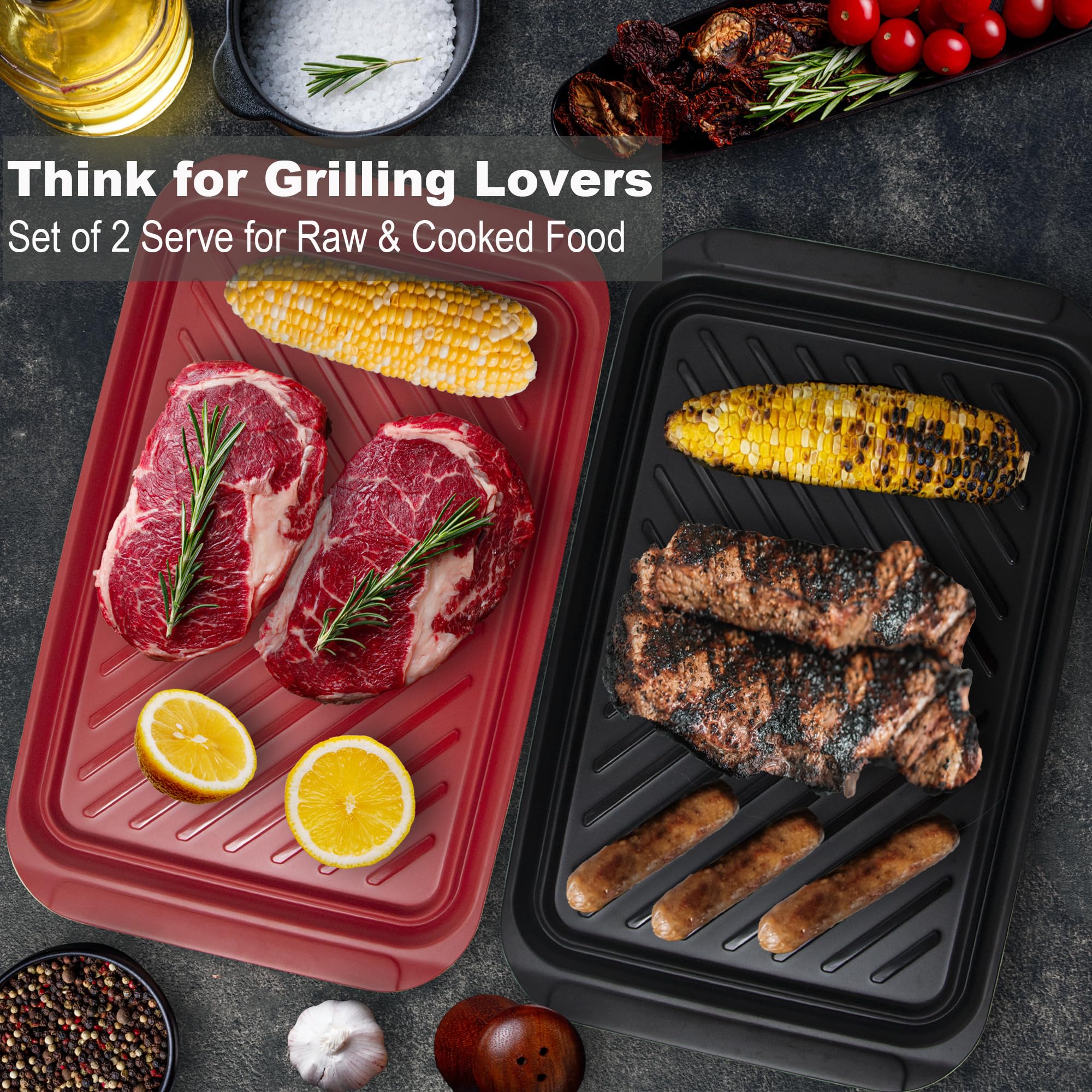 Czlizdyt Grilling Prep And Serve Trays, Bbq Tray For Raw And Cooked Food, Melamine Serving Trays For Food, Set Of 2, Black And R